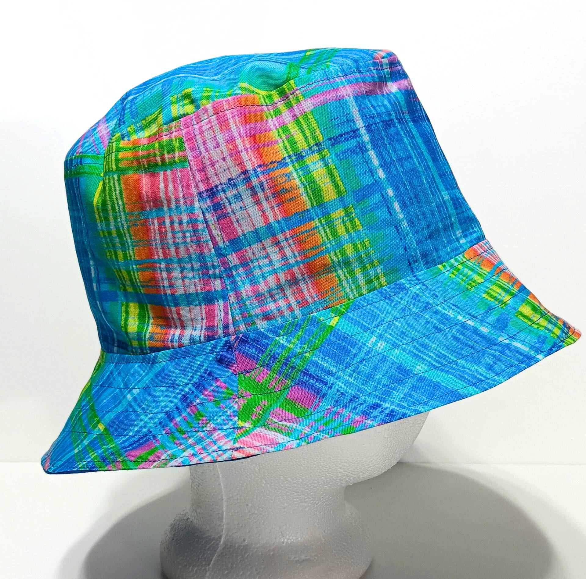 Bright Colors Plaid Bucket Hat, Reversible, Sizes up to 4XL, Cotton, floppy hat, ponytail hat, sun hat, fishing hat, beach hat, gardening hat