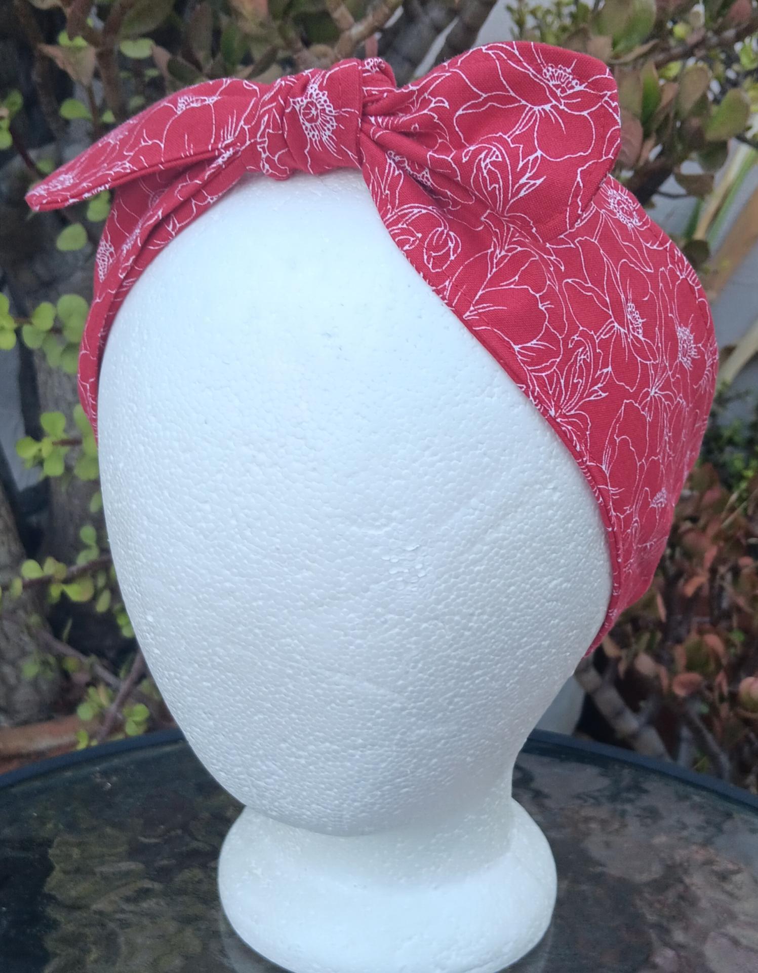 3” Wide Poppies Floral headband, self tie, hair wrap, pin up style, hair tie, retro style, rockabilly, head scarf