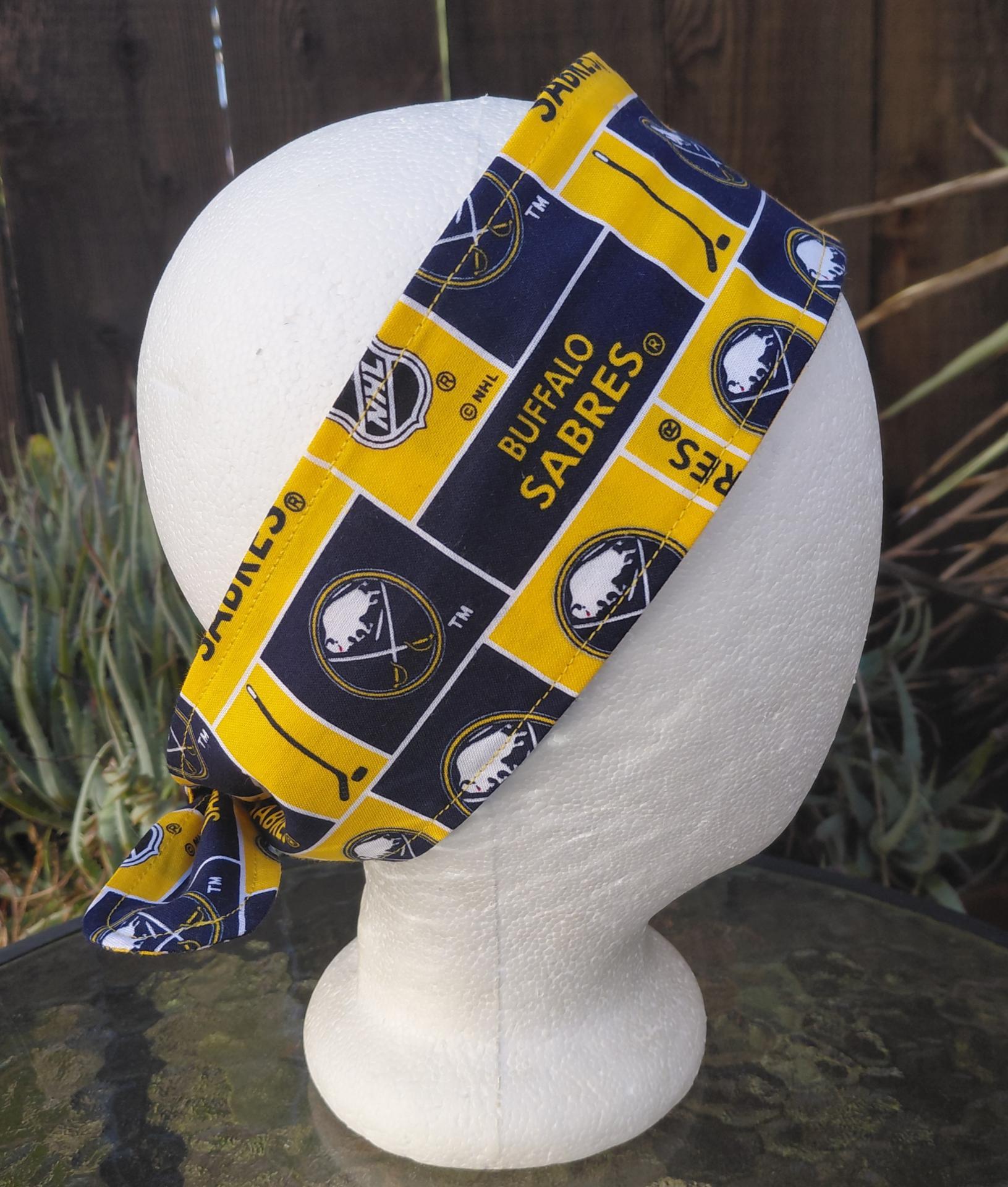 Buffalo Sabres headband, handmade, 3" wide, self tie, hair wrap, pin up style, scarf, hockey