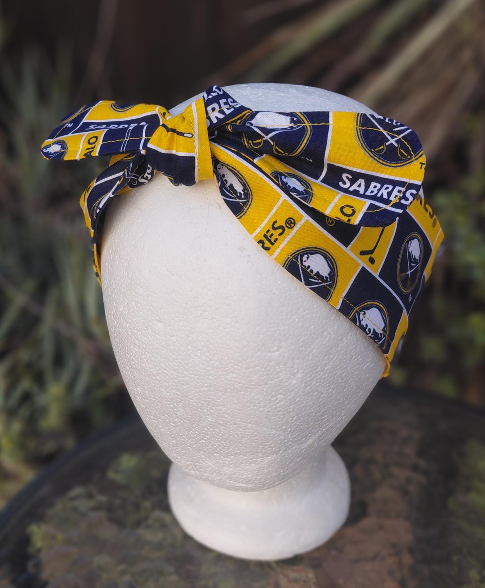 Buffalo Sabres headband, handmade, 3" wide, self tie, hair wrap, pin up style, scarf, hockey