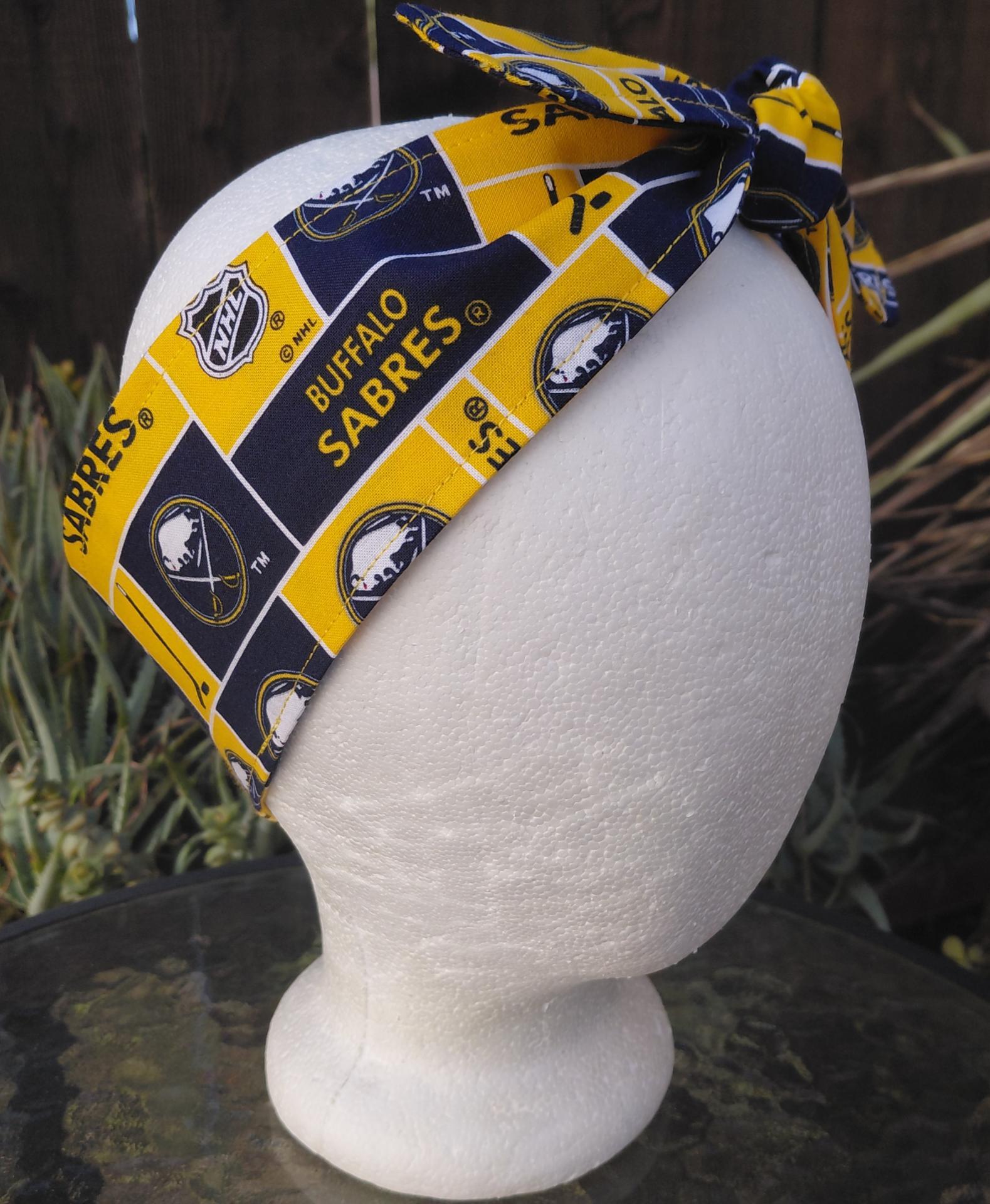 Buffalo Sabres headband, handmade, 3" wide, self tie, hair wrap, pin up style, scarf, hockey