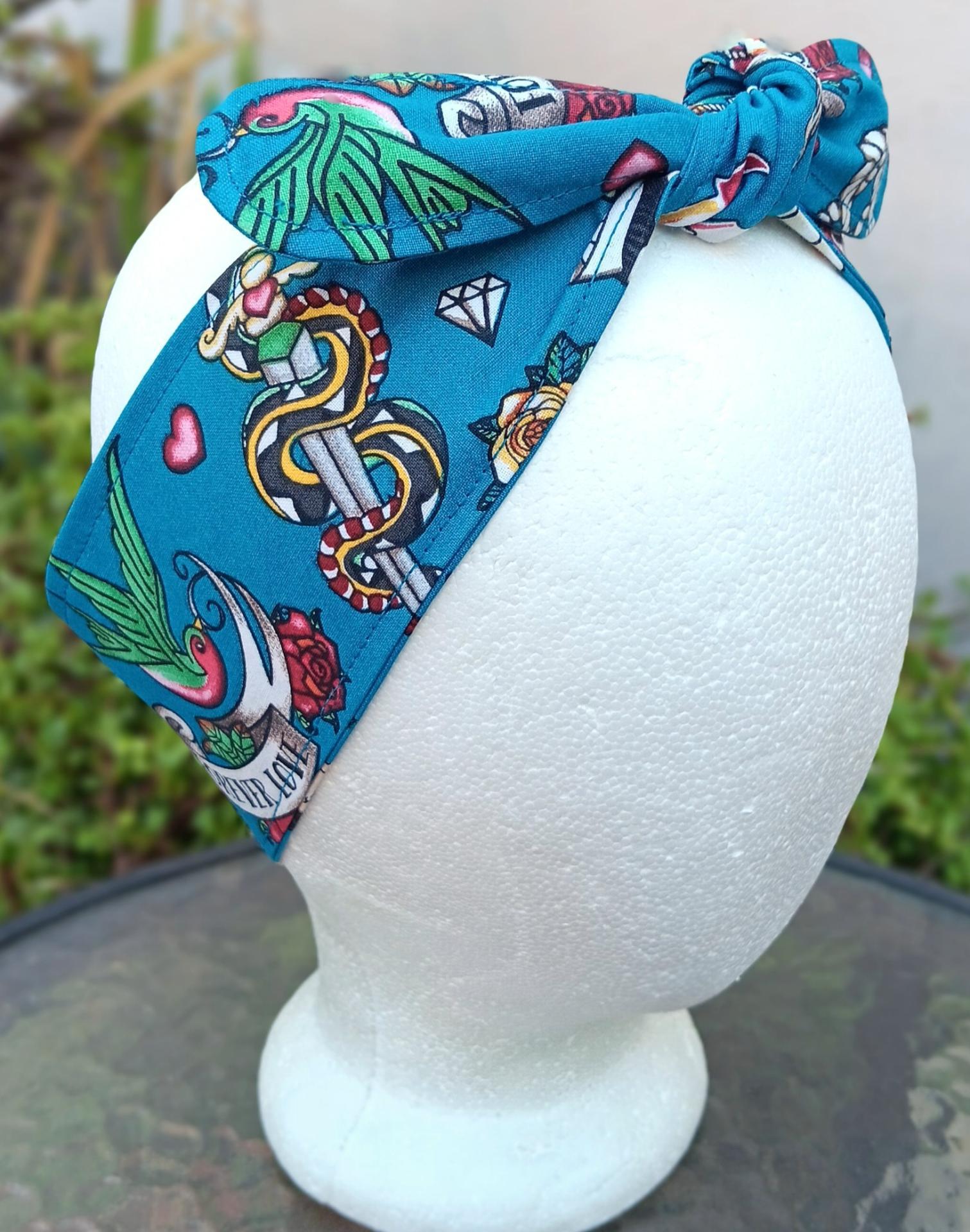 3” Wide Sailor Tattoo Theme headband, self tie, hair wrap, hair tie, head wrap, scarf, skulls, pin up, retro, rockabilly style
