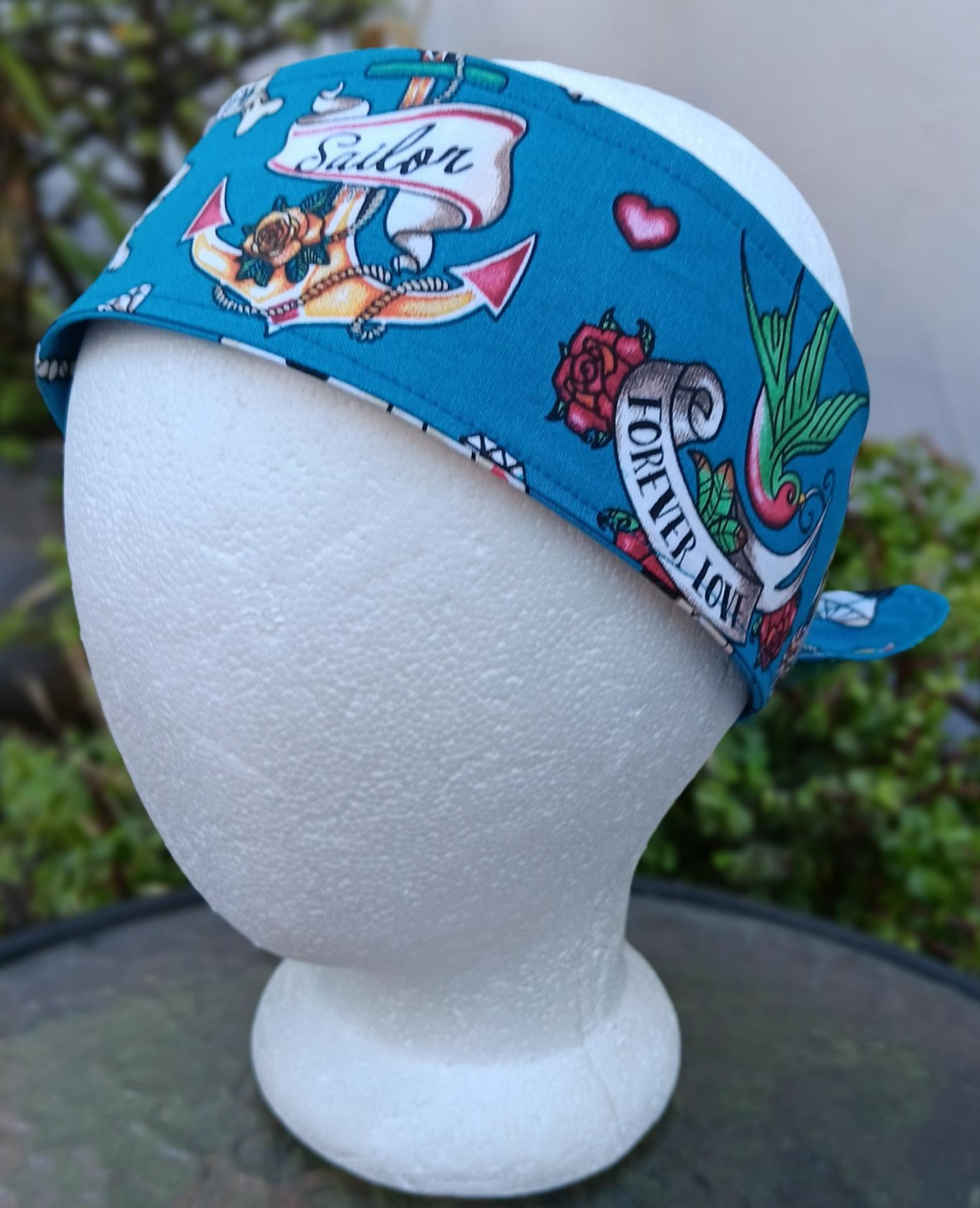 3” Wide Sailor Tattoo Theme headband, self tie, hair wrap, hair tie, head wrap, scarf, skulls, pin up, retro, rockabilly style