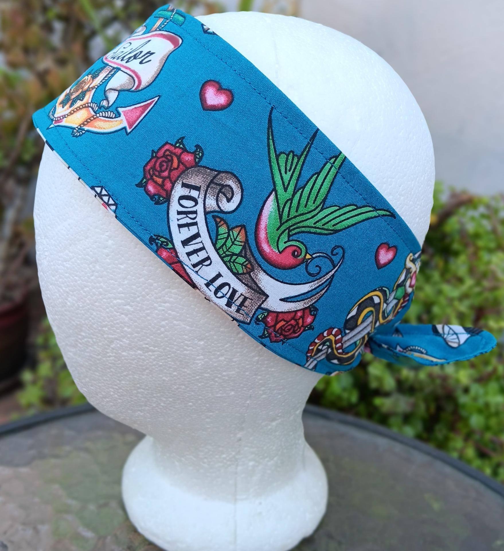 3” Wide Sailor Tattoo Theme headband, self tie, hair wrap, hair tie, head wrap, scarf, skulls, pin up, retro, rockabilly style