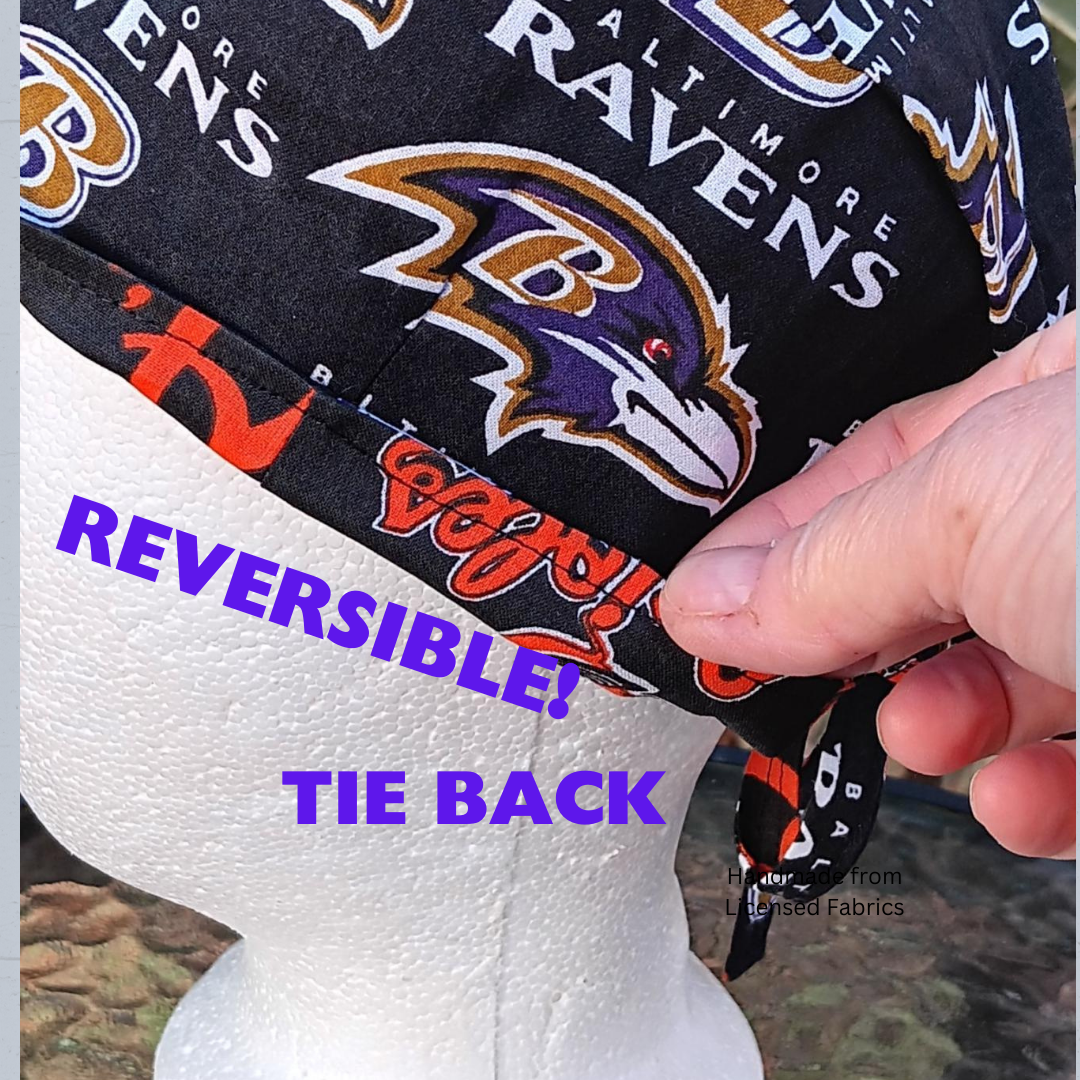 Tie Back, Reversible Baltimore Orioles & Ravens scrub cap, cotton, surgical skull nurse tech technician doctor medical hat Baltimore teams