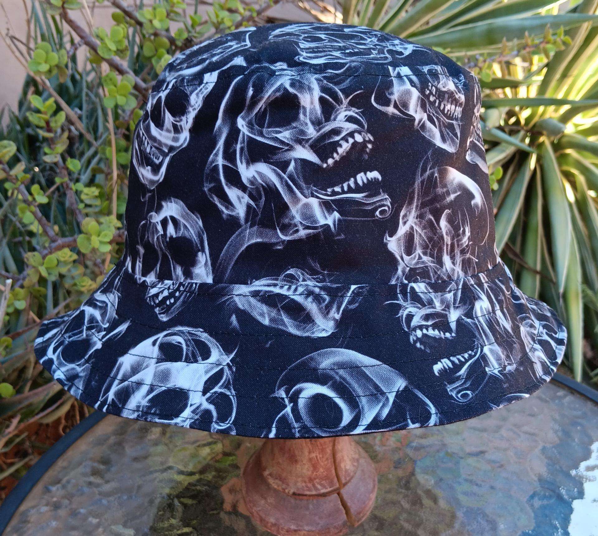 Skulls Bucket Hat, Black and White, Reversible, Unisex Sizes up to 4XL, cotton, summer hat, fishing hat, ponytail sun hat, floppy hat, Halloween