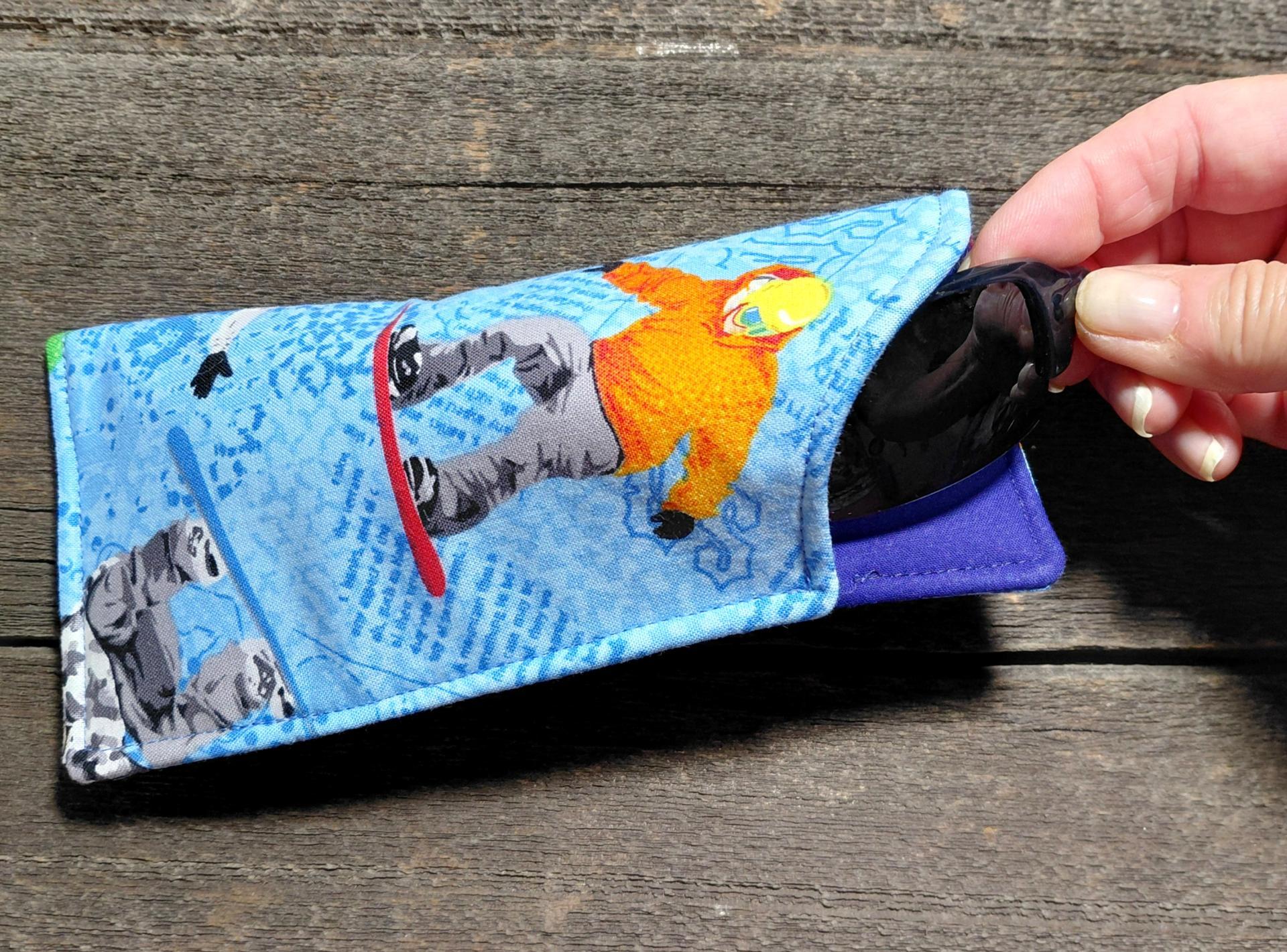 Snowboarder Print Eyeglass Sleeve, Snowboarder Gift, Glasses Pouch, Blue and Multi-color Sunglasses Case