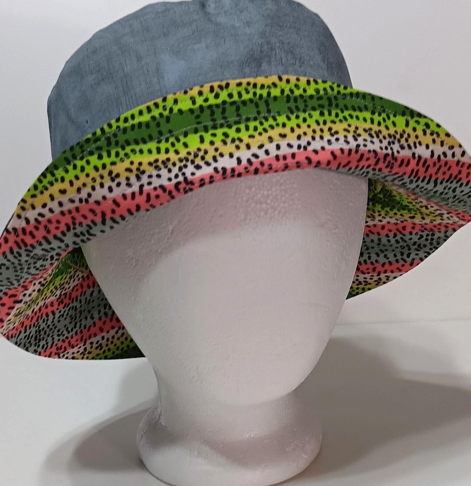 Trout Fishing Theme Bucket Hat, Fly Fishing, Reversible, Sizes S-XXL, summer hat, fishing hat, ponytail hat, sun hat, floppy hat