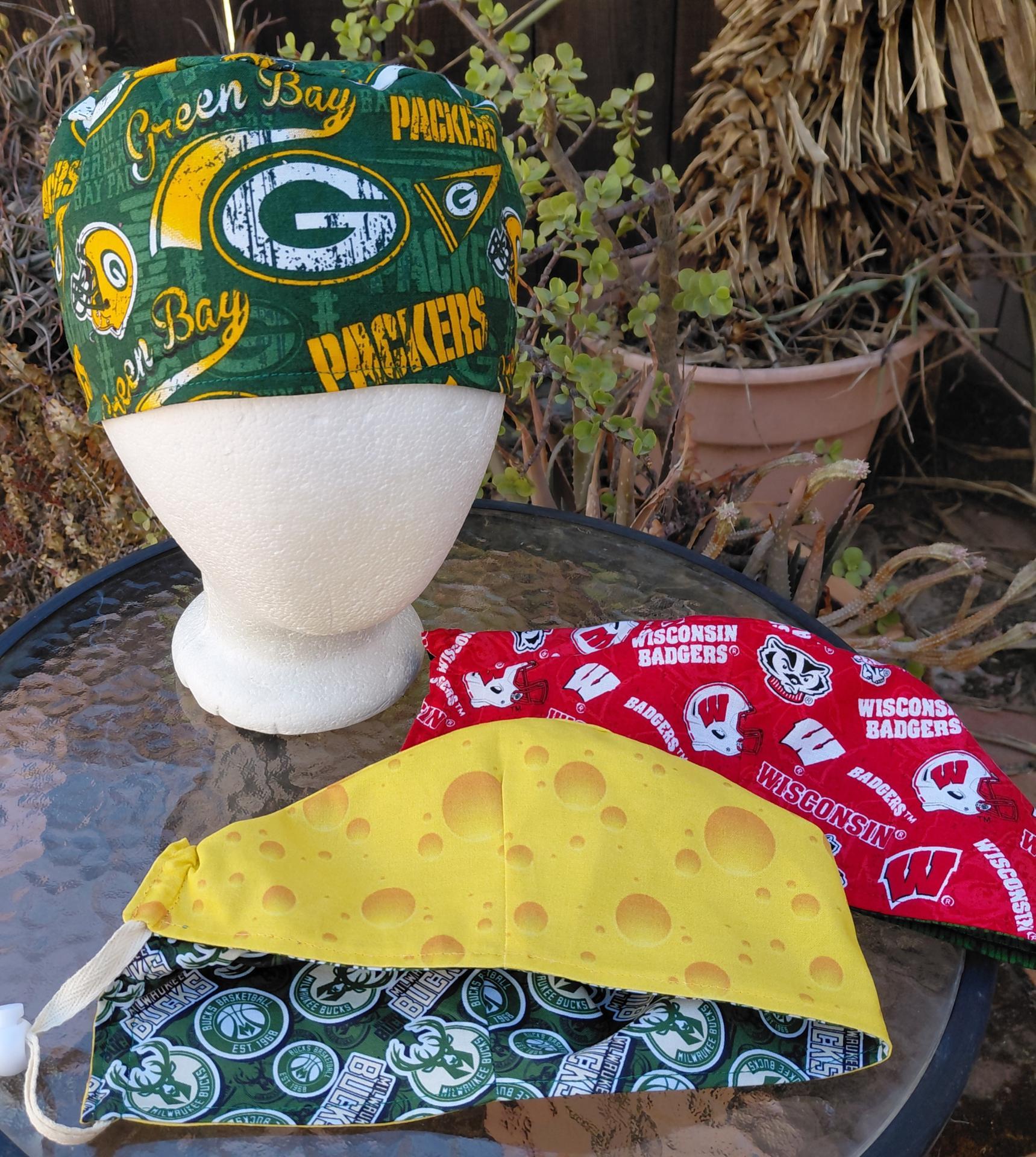 Reversible Wisconsin Teams Scrub Cap, handmade, adjustable, short hair, gift for nurse, dentist, technician, food service
