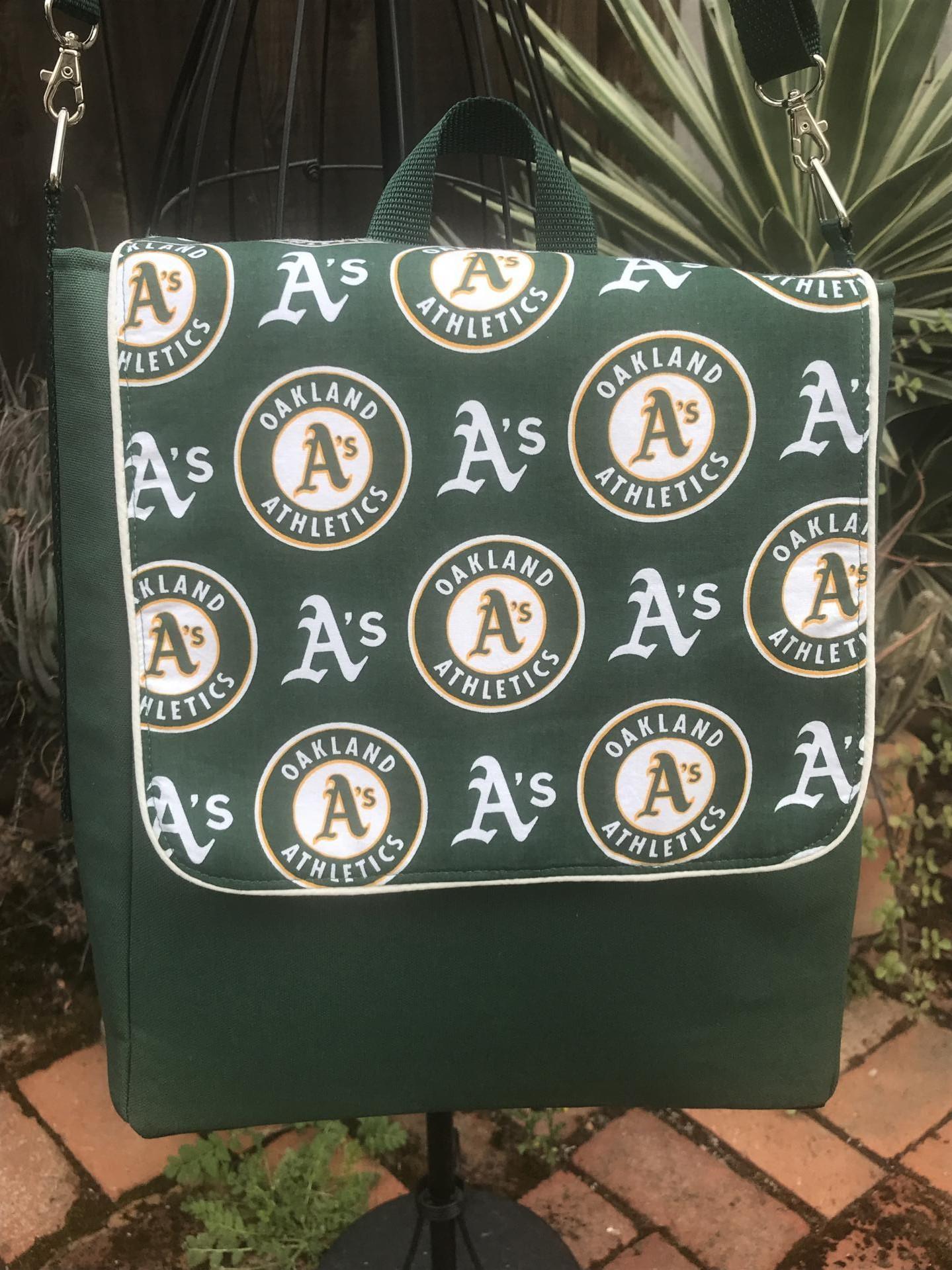 Slim messenger style cross body canvas bag, sized for a scorebook, vinyl bottom, Oakland A's Athletics baseball fan, tote, satchel, handmade