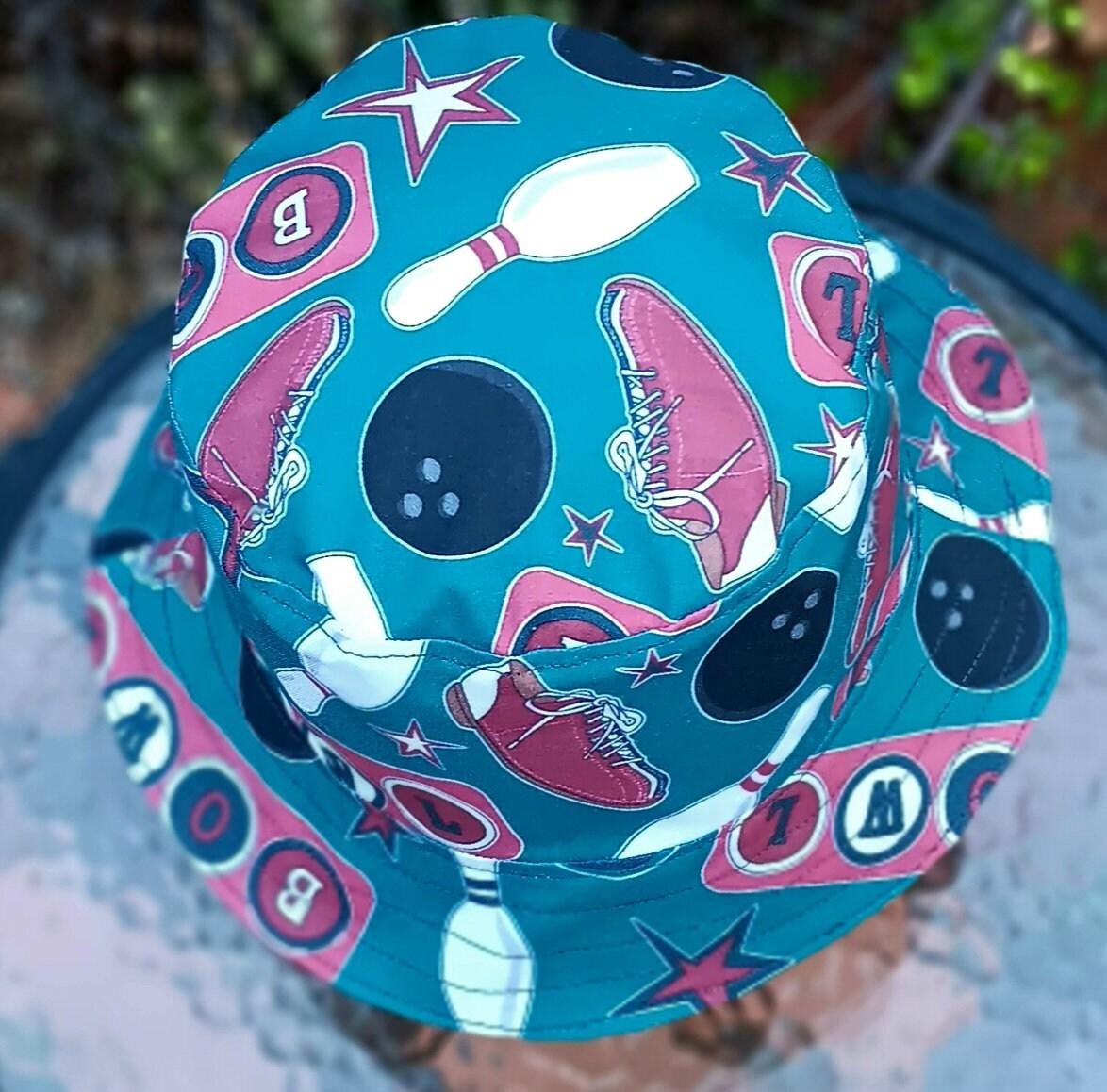 Bowling Theme Bucket Hat, Reversible to Black, Sizes up to 4XL, summer hat, sun hat, floppy hat, retro style gift for bowler