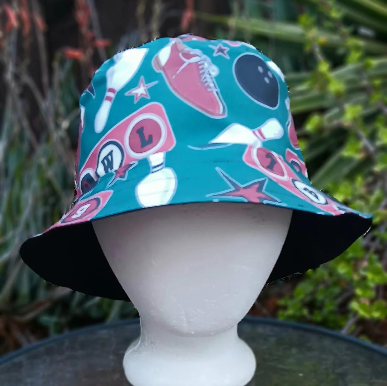 Bowling Theme Bucket Hat, Reversible to Black, Sizes up to 4XL, summer hat, sun hat, floppy hat, retro style gift for bowler