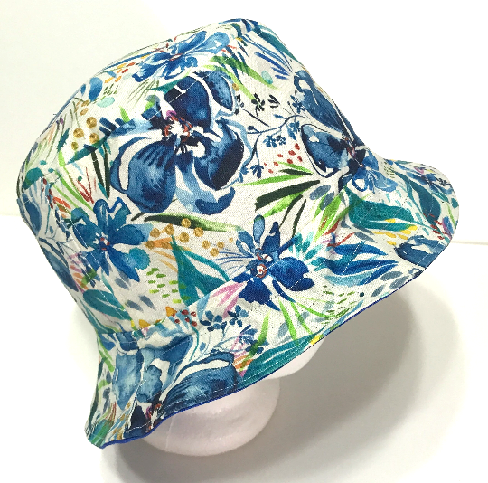 Watercolor Floral Bucket Hat, Canvas, Reversible, Blue Flowers, Sizes up to 4XL, Cotton, Tropical Hat, Floppy Hat, adults or older children