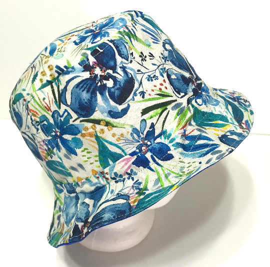 Canvas Watercolor Floral Bucket Hat, Reversible, Blue Flowers, Sizes S-XXL, Cotton, Tropical Hat, Floppy Hat, adults or older children