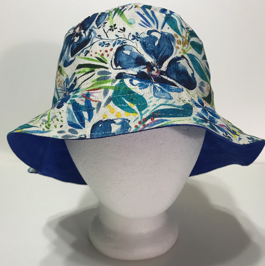 Canvas Watercolor Floral Bucket Hat, Reversible, Blue Flowers, Sizes S-XXL, Cotton, Tropical Floppy Hat, adults or older children
