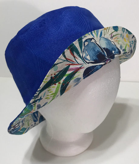 Canvas Watercolor Floral Bucket Hat, Reversible, Blue Flowers, Adult Sizes S-XXL, Cotton, Tropical Floppy Hat