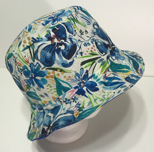 Canvas Watercolor Floral Bucket Hat, Reversible, Blue Flowers, Sizes S-XXL, Cotton, Tropical Floppy Hat, adults or older children