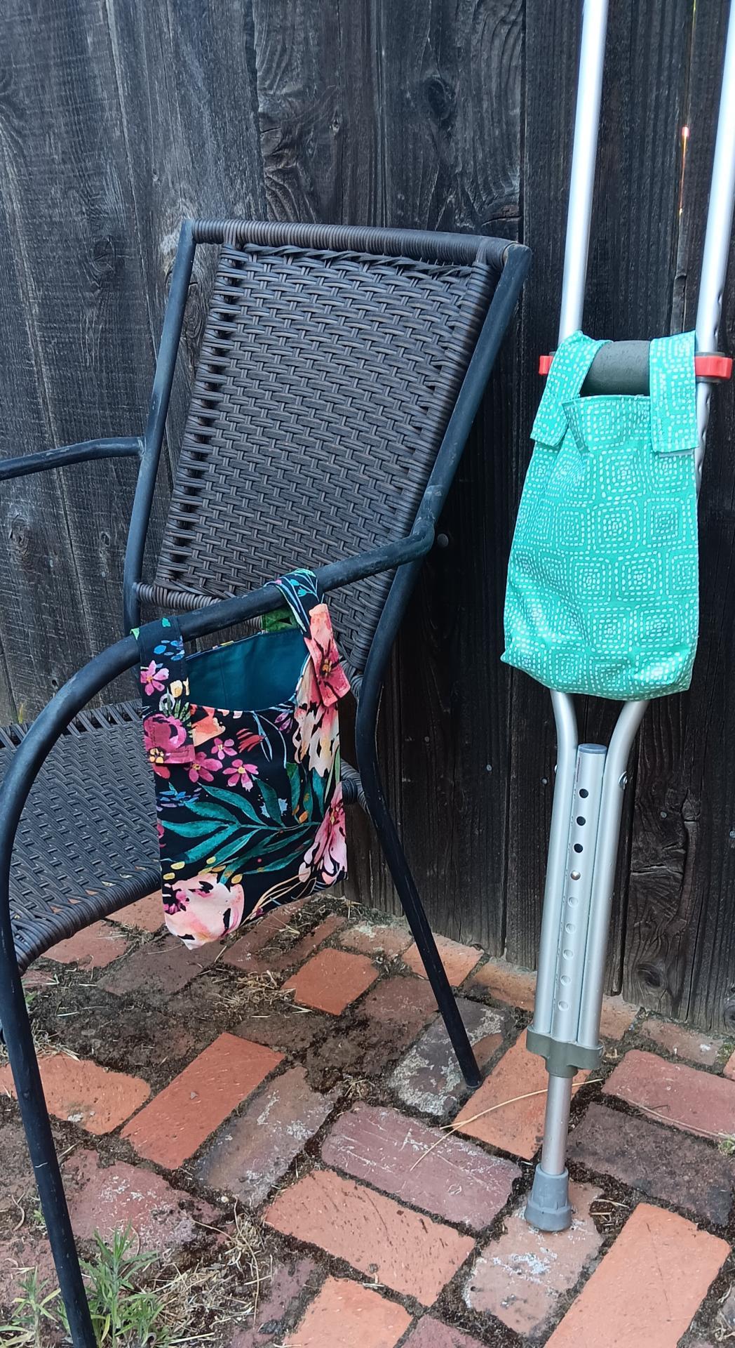 Simple small basic crutch bag, walker bag, scooter handlebars bag, bed rail caddy, hook and loop, peacock feather bird theme, hanging bag