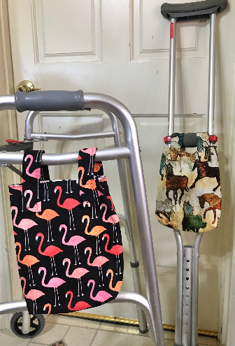 Simple basic bag for crutch, walker, stroller, scooter handlebars, bed rail, caddy, hook and loop, car truck racing tires theme hanging bag