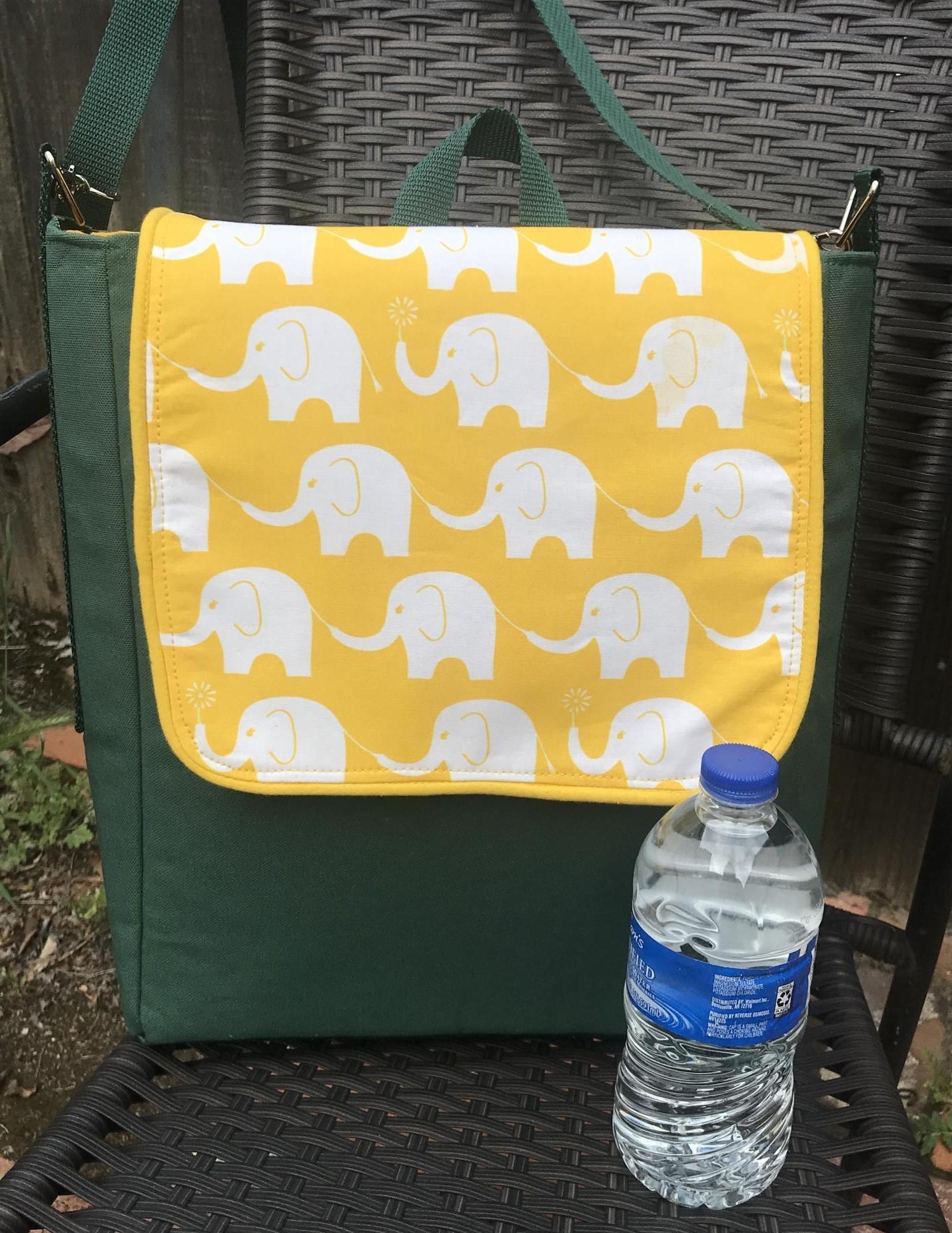 Slim tall messenger style cross body canvas bag, sized for a scorebook, vinyl bottom, White Elephants, Oakland A's Athletics baseball fan, tote, satchel