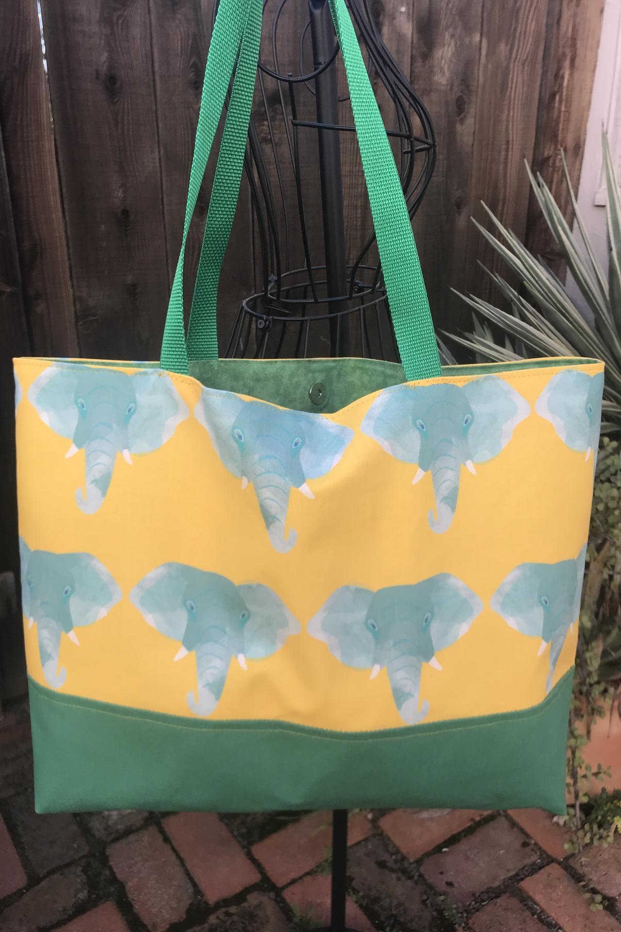 Tote bag, canvas bottom, green watercolor elephants on yellow, magnetic snap, one pocket