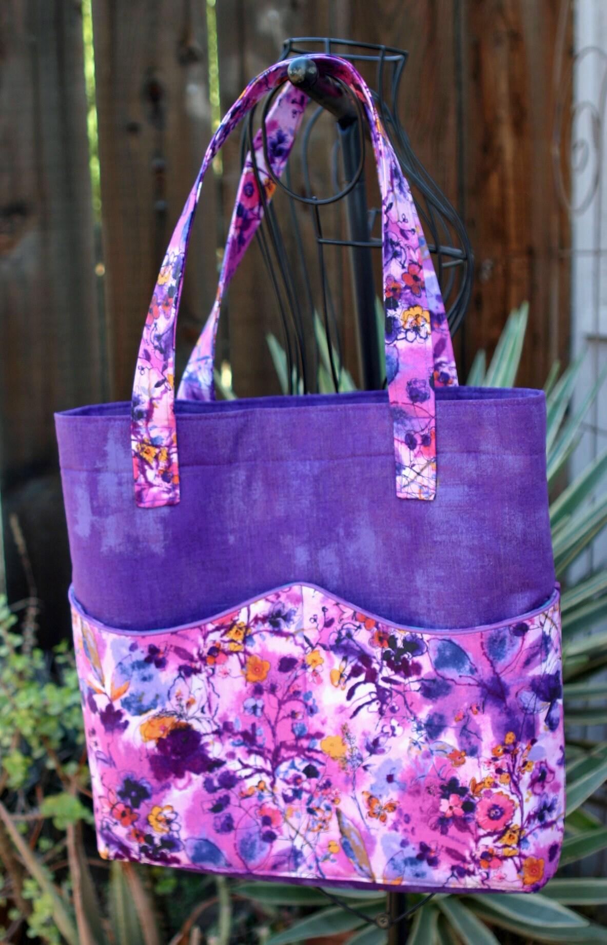 Purple Floral Tote Bag w/ Wavy Pockets, Woman's, Errands, Market Shopping Bag, Flowers, Butterflies