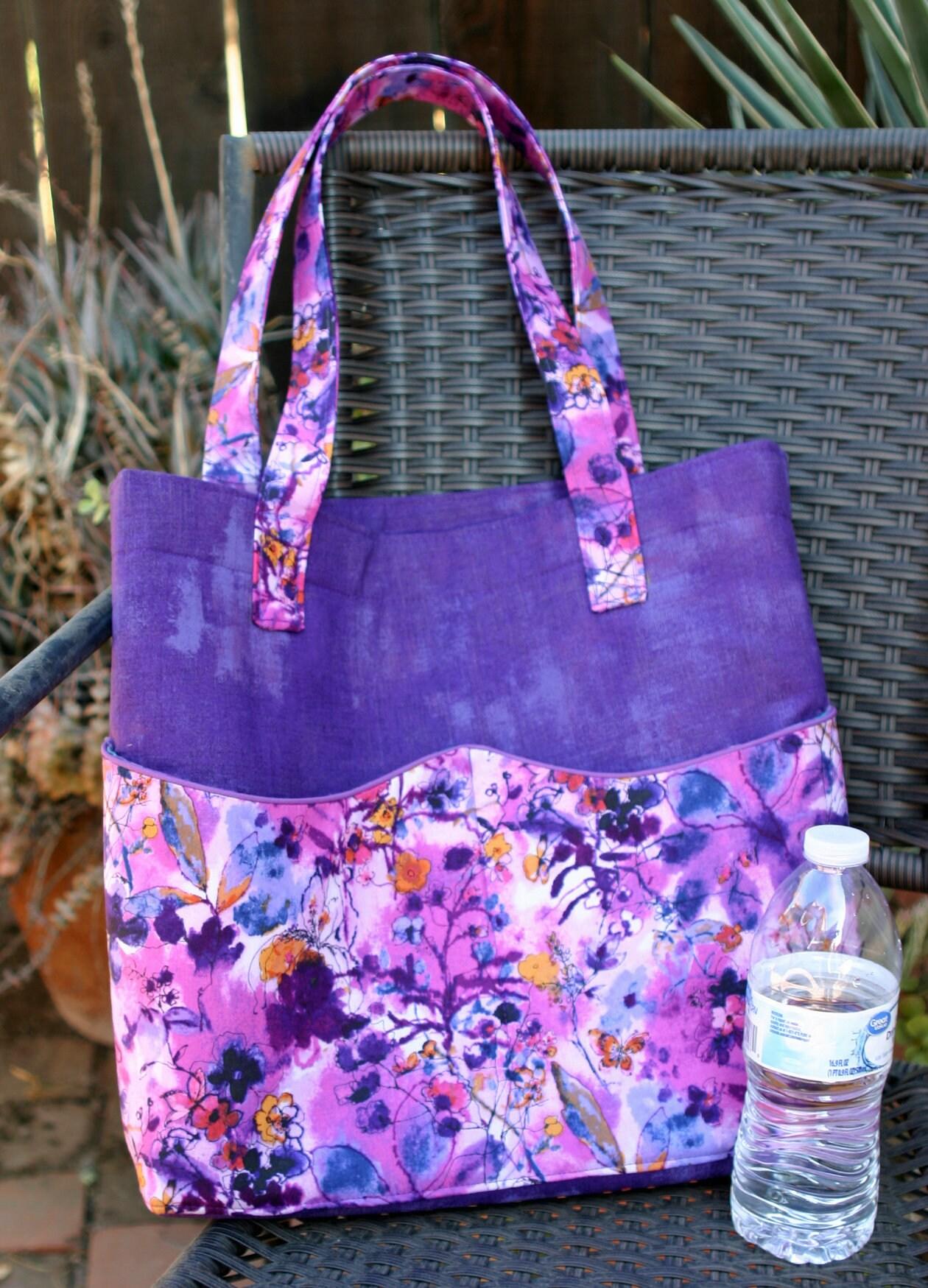 Purple Floral Tote Bag w/ Wavy Pockets, Woman's, Errands, Market Shopping Bag, Flowers, Butterflies