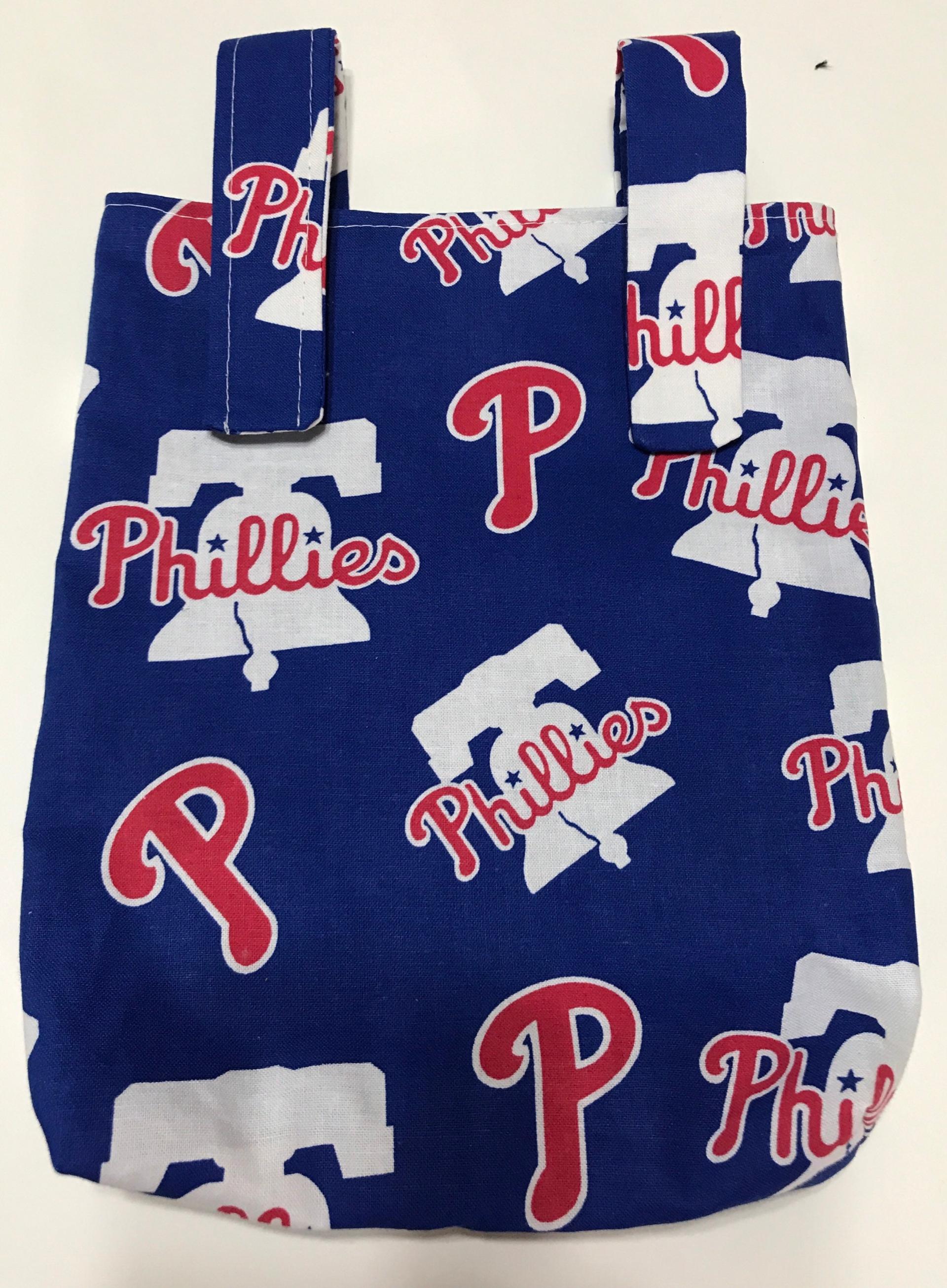 Simple small basic crutch bag, walker bag, scooter handlebars bag, bed rail caddy, handmade from Phillies licensed fabric