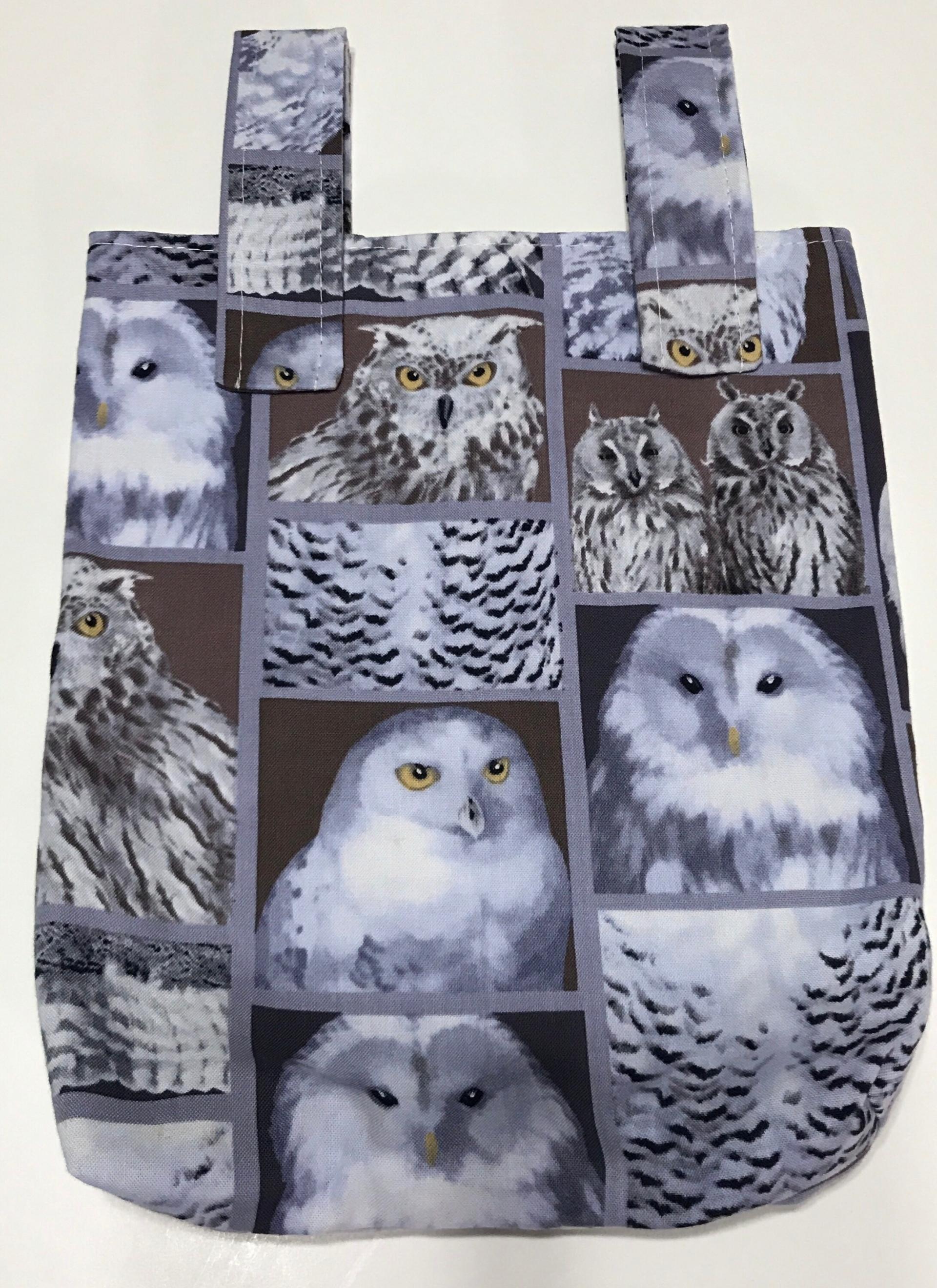 Simple small basic crutch bag, walker bag, scooter handlebars bag, bed rail caddy, hook and loop, owls bird theme