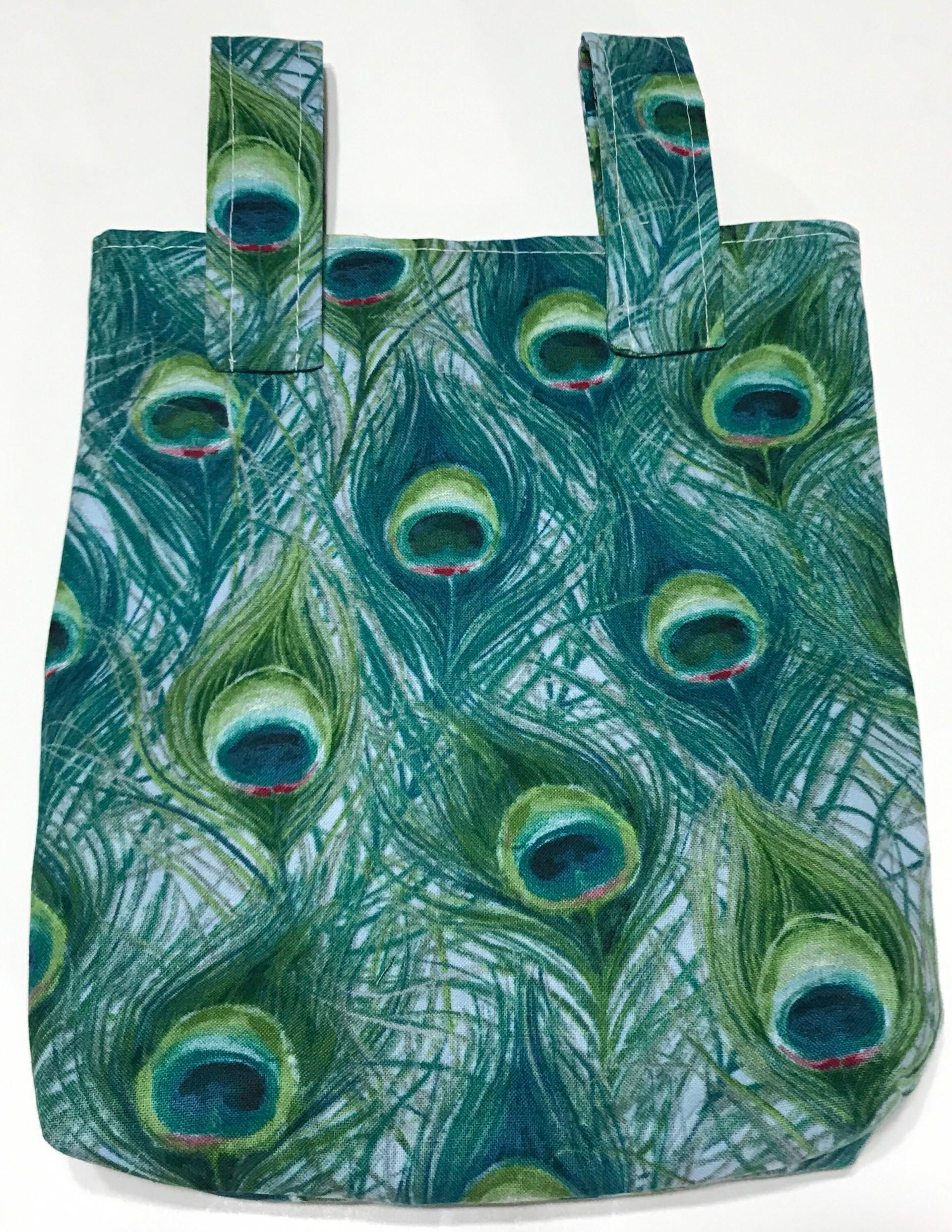Simple small basic crutch bag, walker bag, scooter handlebars bag, bed rail caddy, hook and loop, peacock feather bird theme, hanging bag