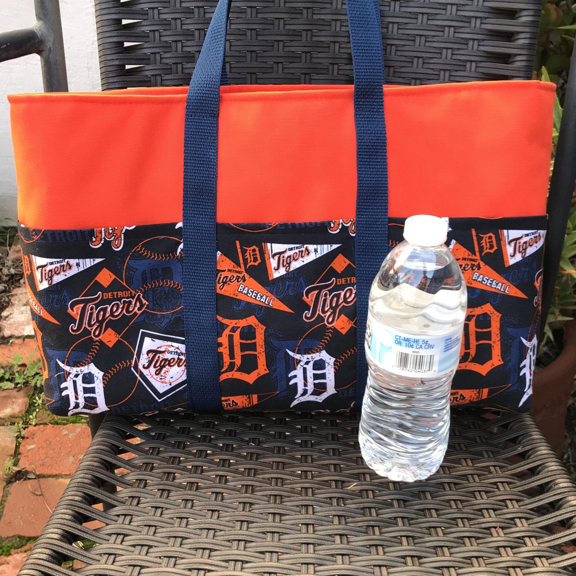 SECOND - AS IS - Discounted, Small canvas heavy duty tote bag, Detroit Tigers, baseball, six exterior pockets, handmade from licensed fabric