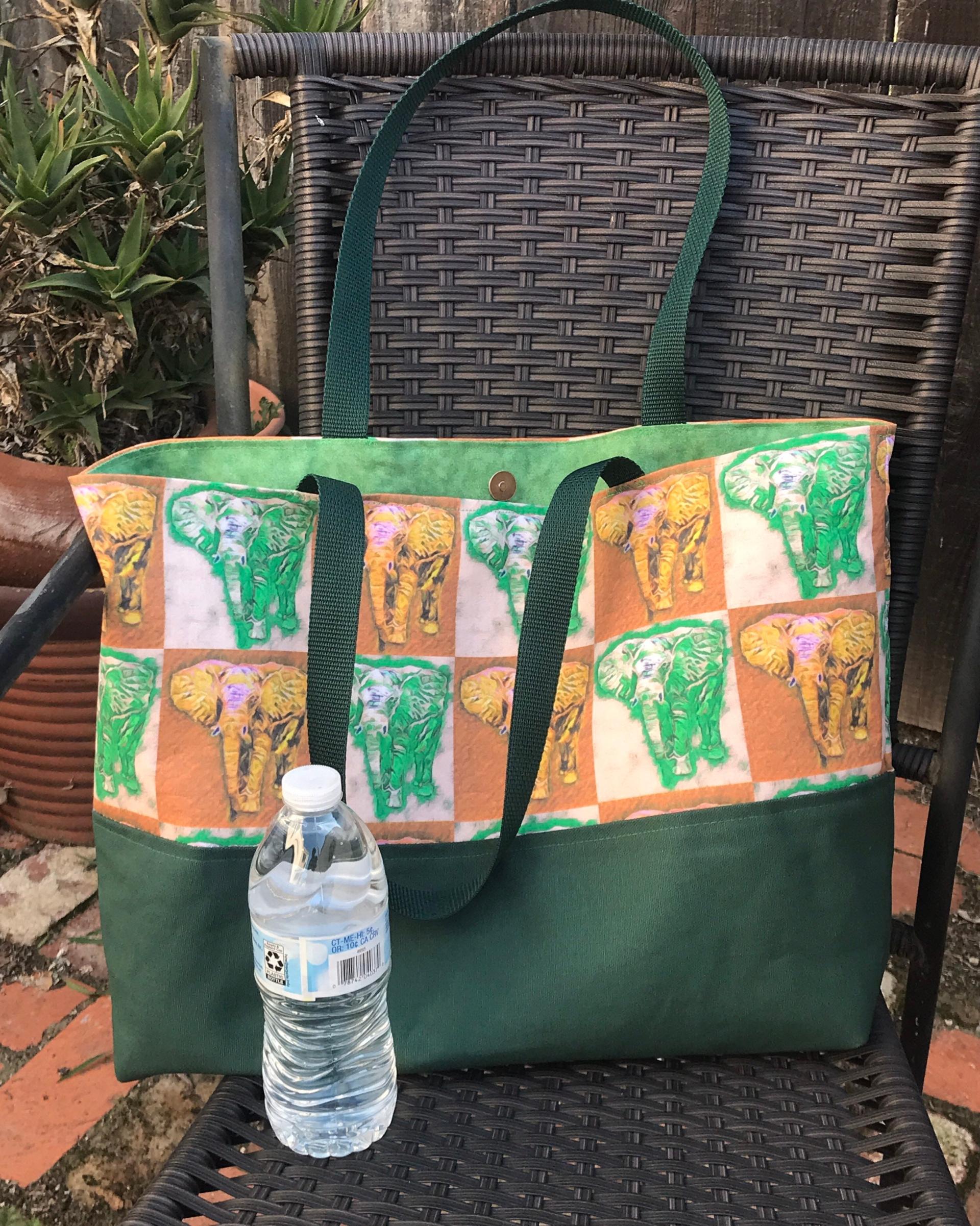 Elephant tote bag, canvas bottom, alternating green & yellow elephants, magnetic snap, one pocket, shopping market bag