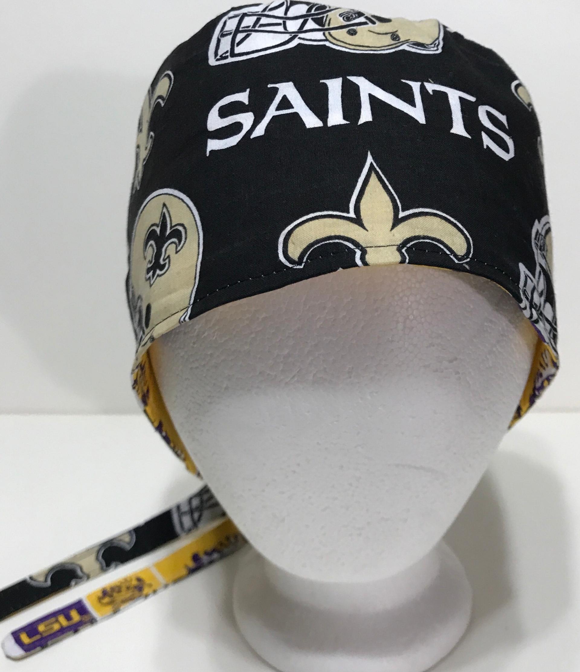 Tie Back Reversible New Orleans Saints & LSU scrub cap, handmade, cotton, unisex, skull cap, welding, biker nurse technician doctor, Louisiana