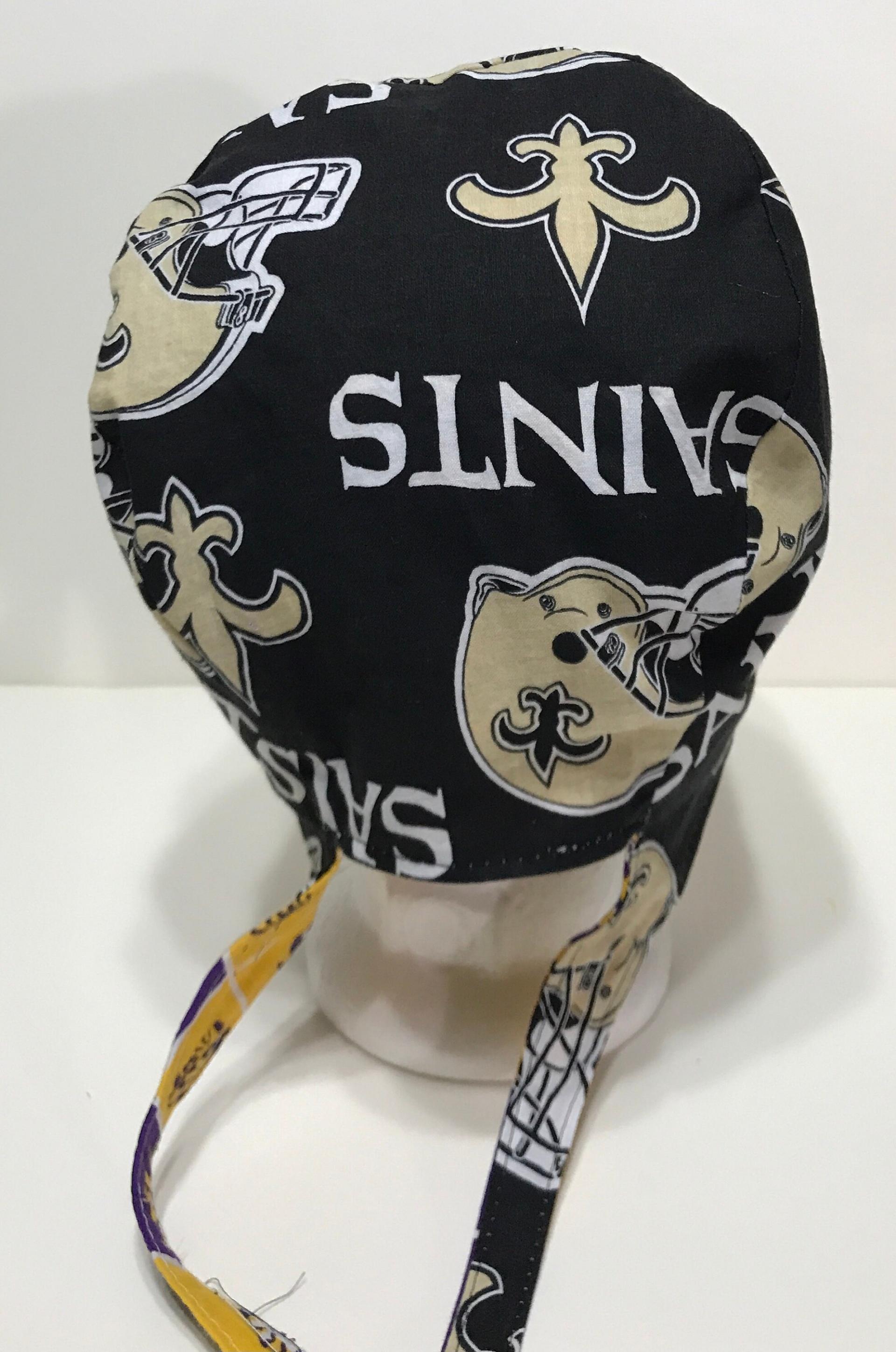 Tie Back Reversible New Orleans Saints & LSU scrub cap, handmade, cotton, unisex, skull cap, welding, biker nurse technician doctor, Louisiana