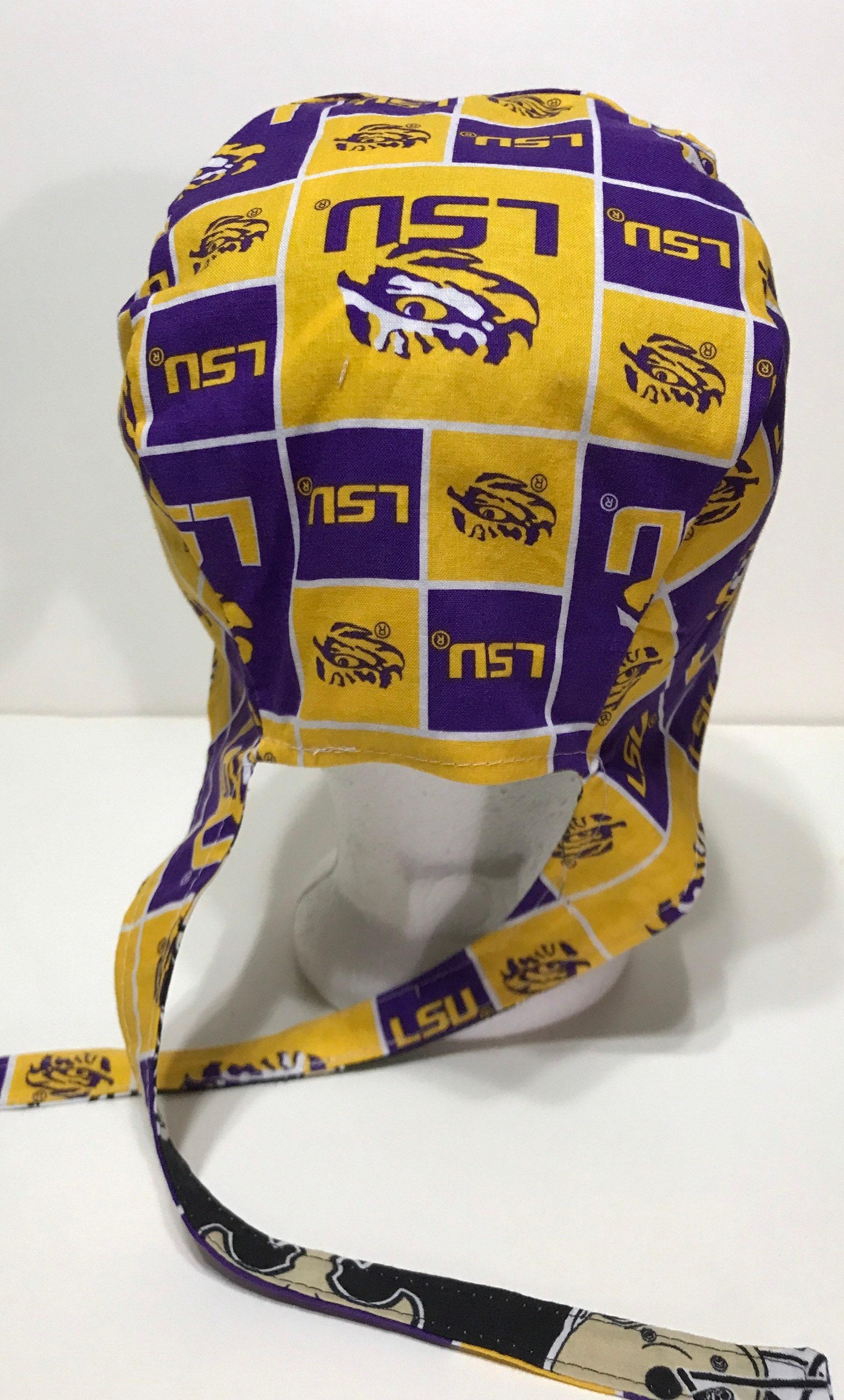 Tie Back Reversible New Orleans Saints & LSU scrub cap, handmade, cotton, unisex, skull cap, welding, biker nurse technician doctor, Louisiana