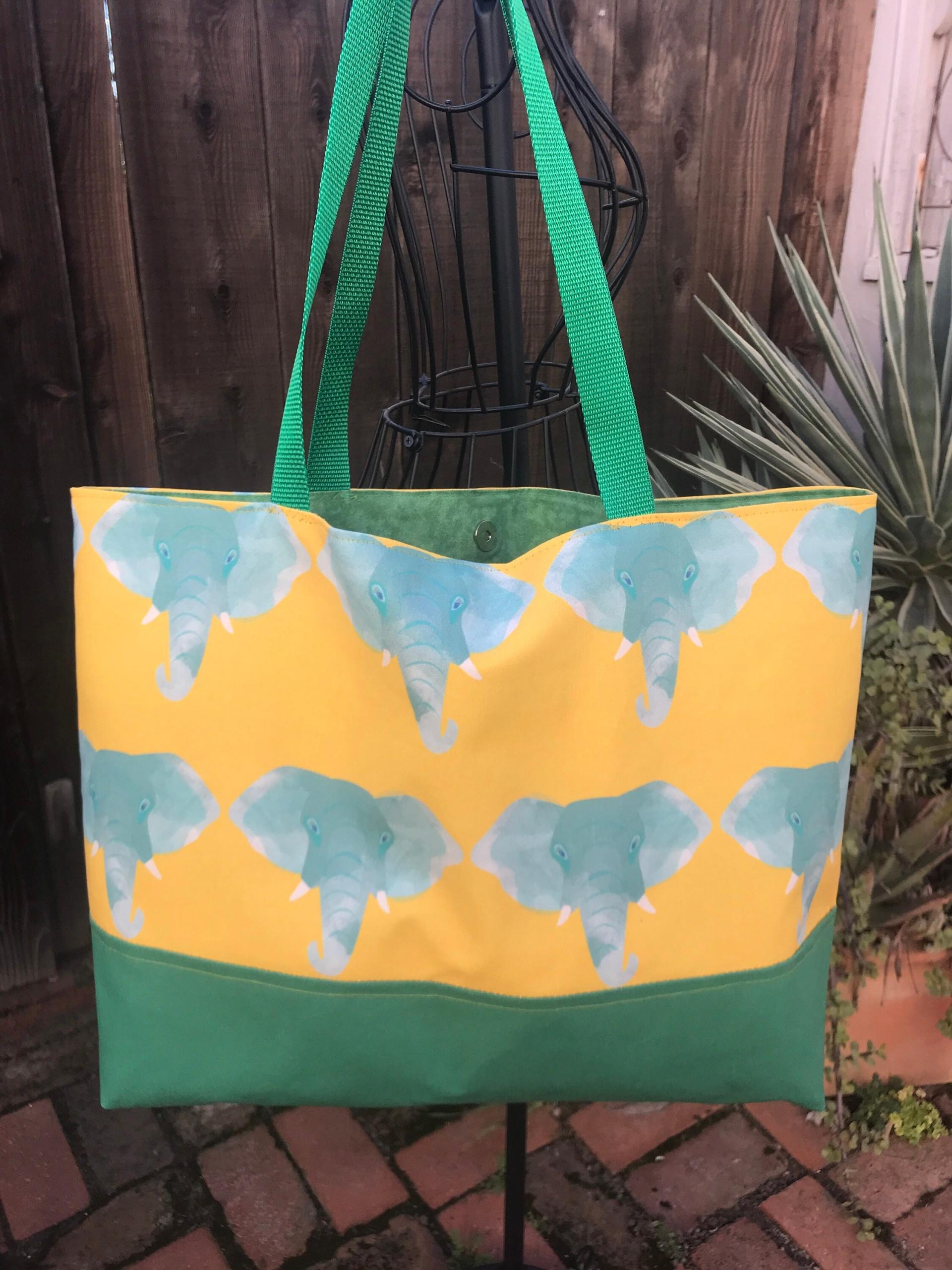 Elephants tote bag, green watercolor elephants on golden yellow, canvas bottom, magnetic snap, one pocket, elephant shopping market bag