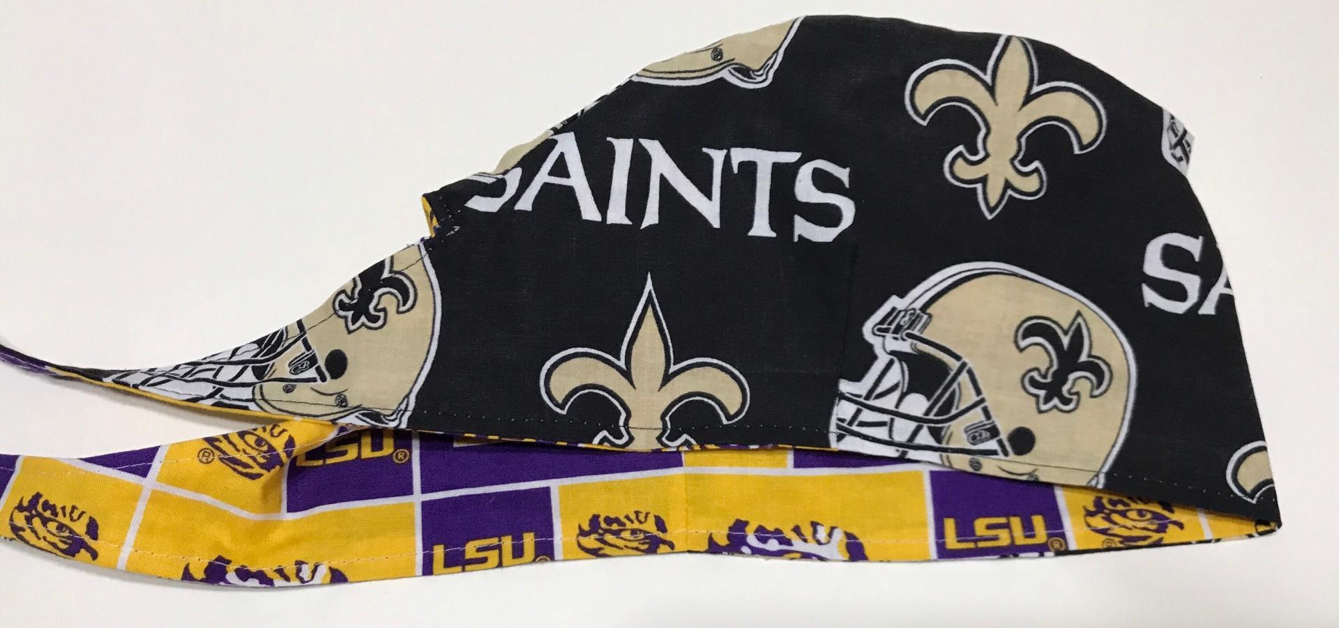 Tie Back Reversible New Orleans Saints & LSU scrub cap, handmade, cotton, unisex, skull cap, welding, biker nurse technician doctor, Louisiana