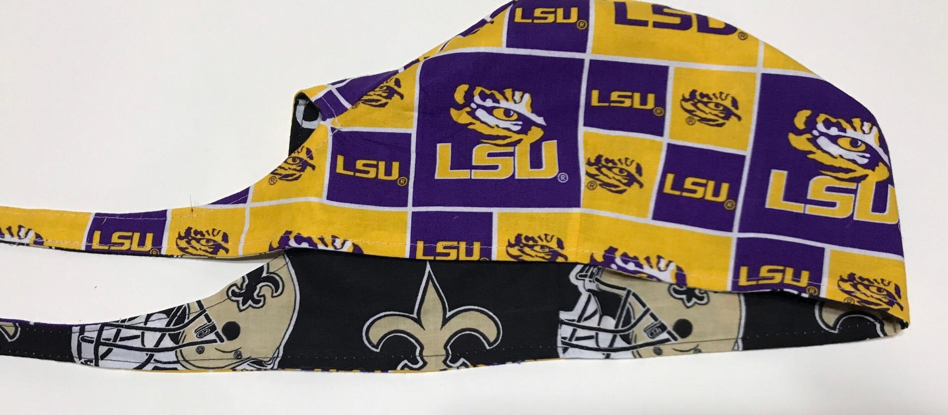 Tie Back Reversible New Orleans Saints & LSU scrub cap, handmade, cotton, unisex, skull cap, welding, biker nurse technician doctor, Louisiana