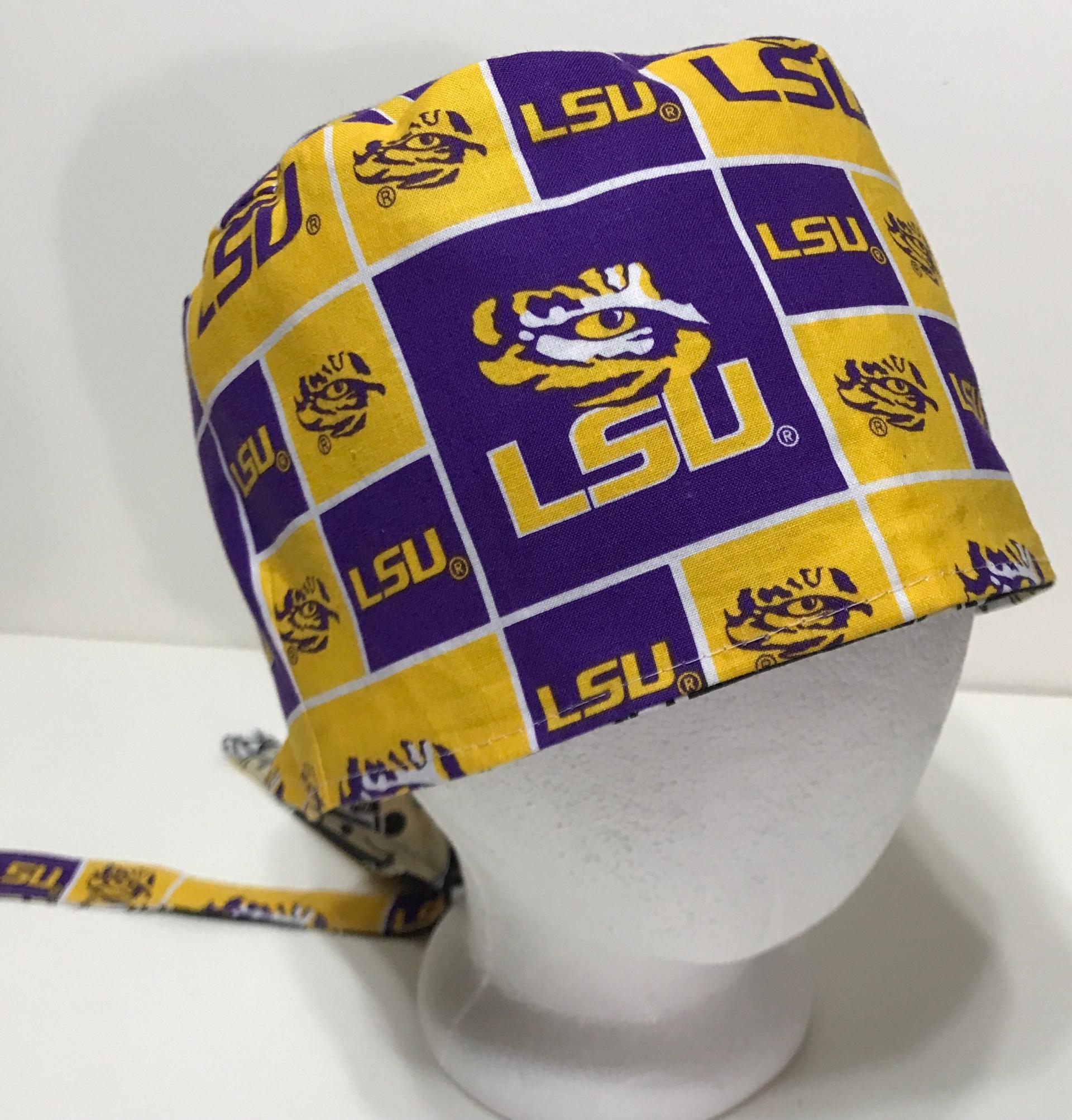 Tie Back Reversible New Orleans Saints & LSU scrub cap, handmade, cotton, unisex, skull cap, welding, biker nurse technician doctor, Louisiana