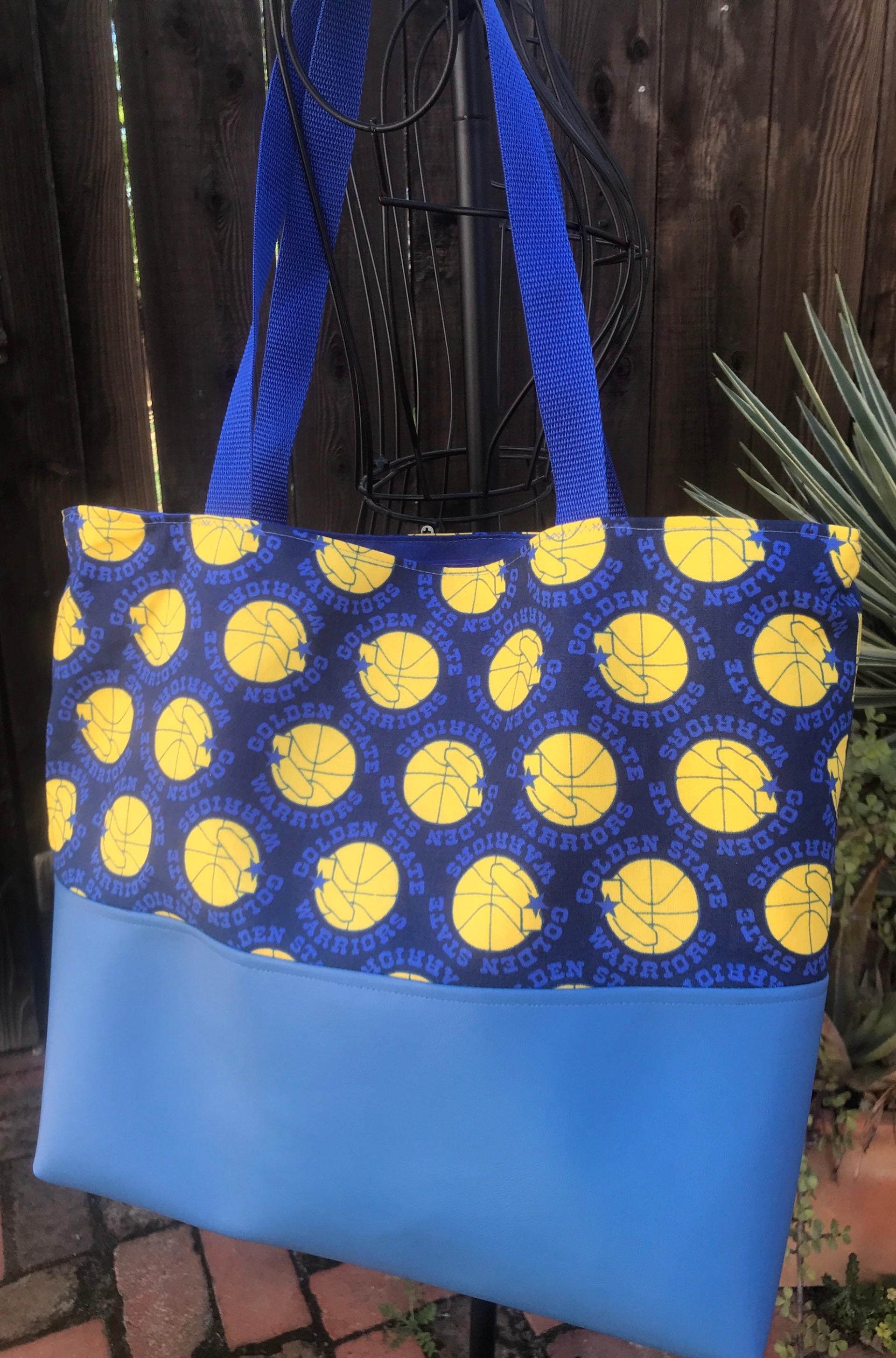 Golden State Warriors tote bag, throwback logo, vinyl bottom, one pocket, hook & loop, shopping market errand bag, GSW basketball, handmade