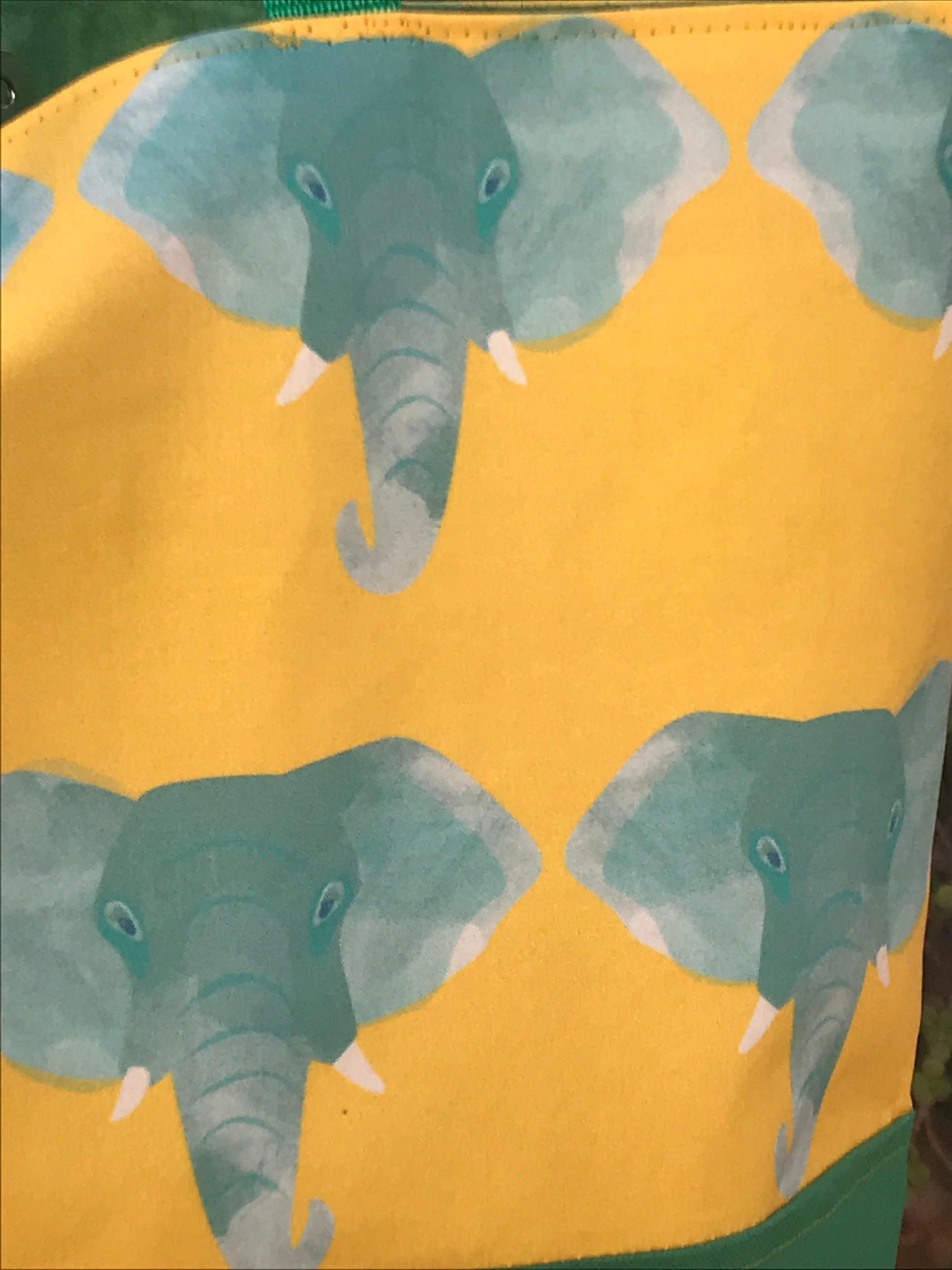 Elephants tote bag, green watercolor elephants on golden yellow, canvas bottom, magnetic snap, one pocket, elephant shopping market bag
