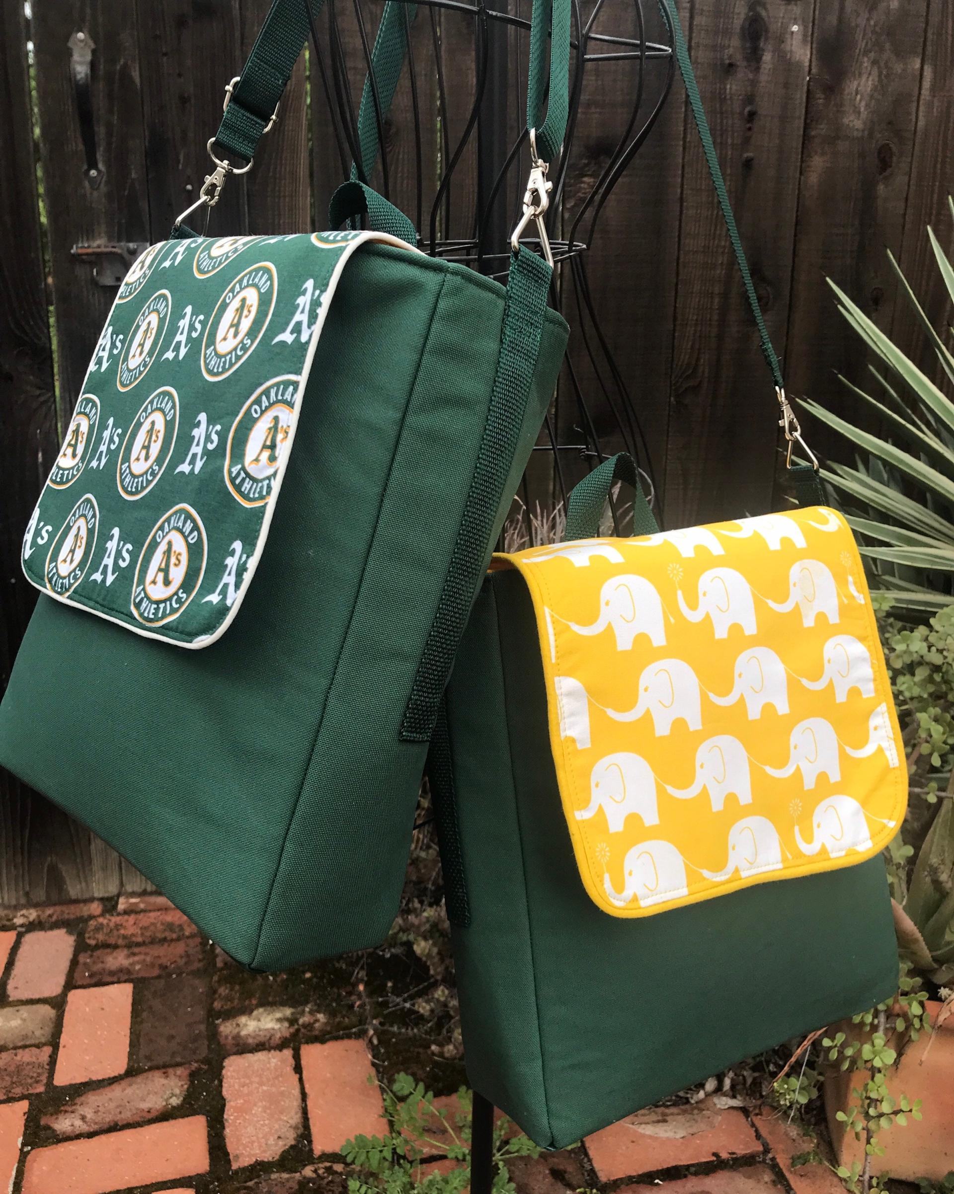 Slim tall messenger style cross body scorebook bag or satchel, canvas, vinyl bottom, white elephants on yellow