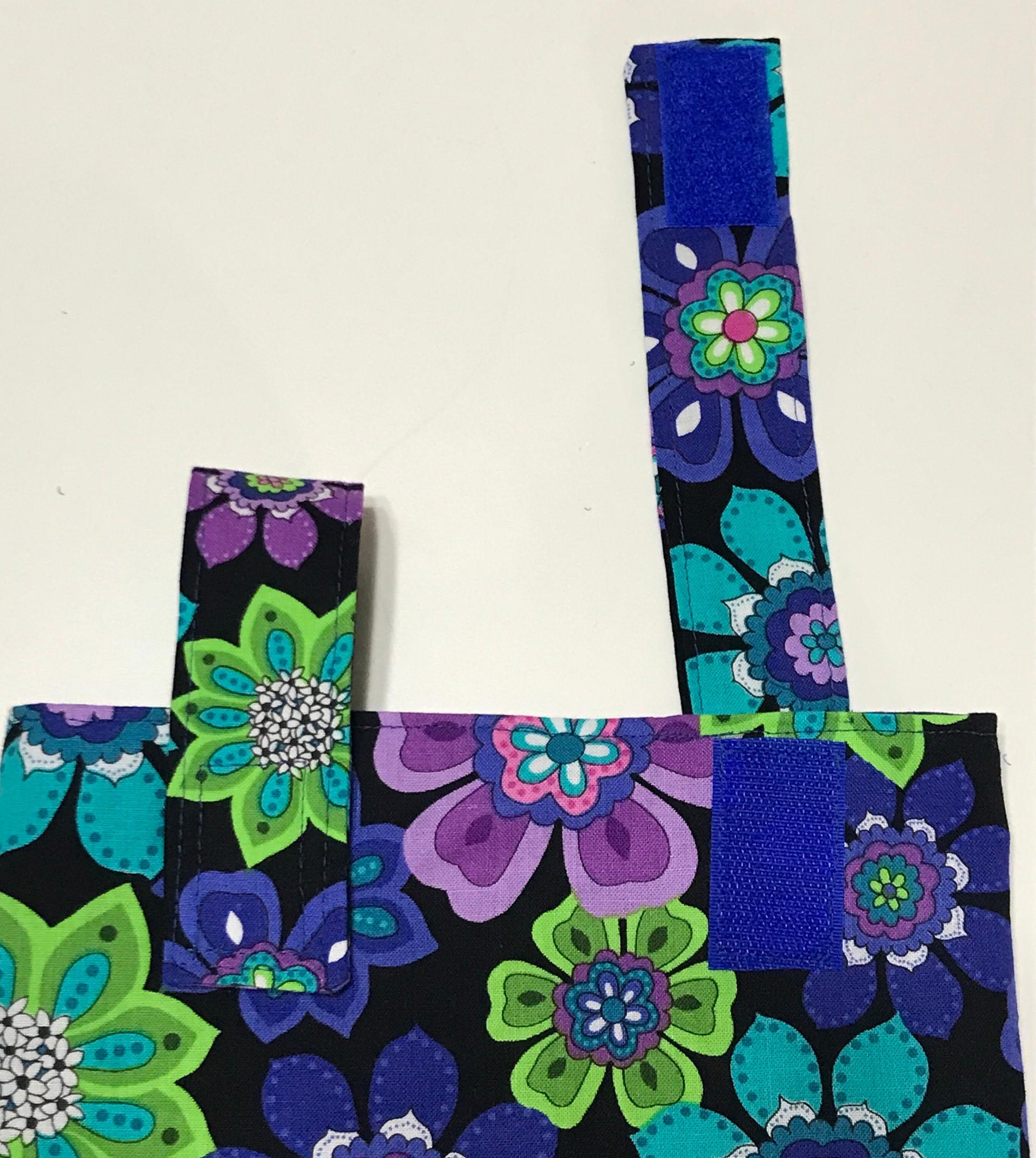 Simple basic crutch bag, walker bag, scooter handlebars bag, bed rail caddy, hook & loop, hanging bag, blue purple green flowers, retro