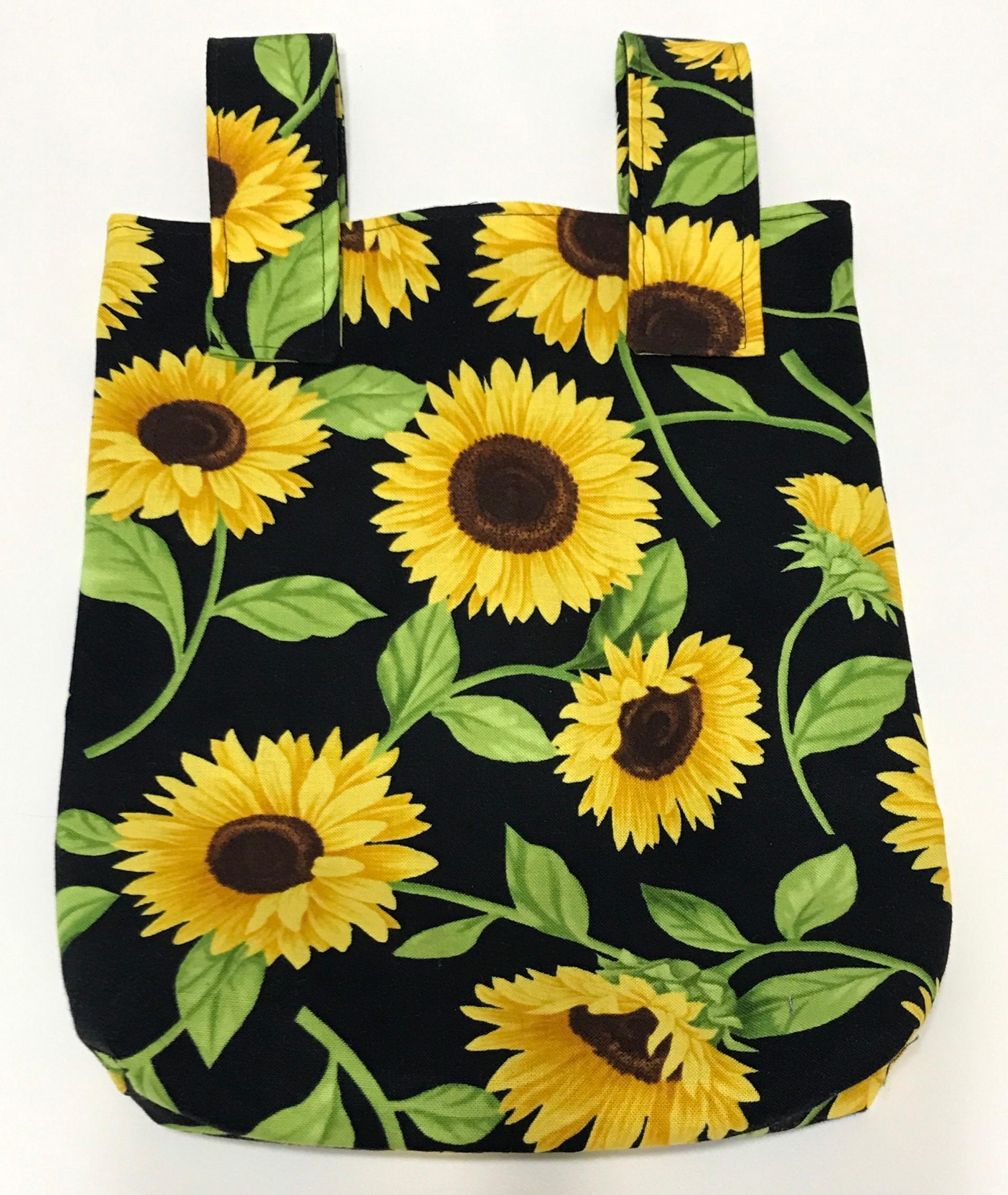 Simple basic crutch bag, walker bag, scooter handlebars bag, caddy, hook & loop, hanging bag, yellow sunflowers on black background