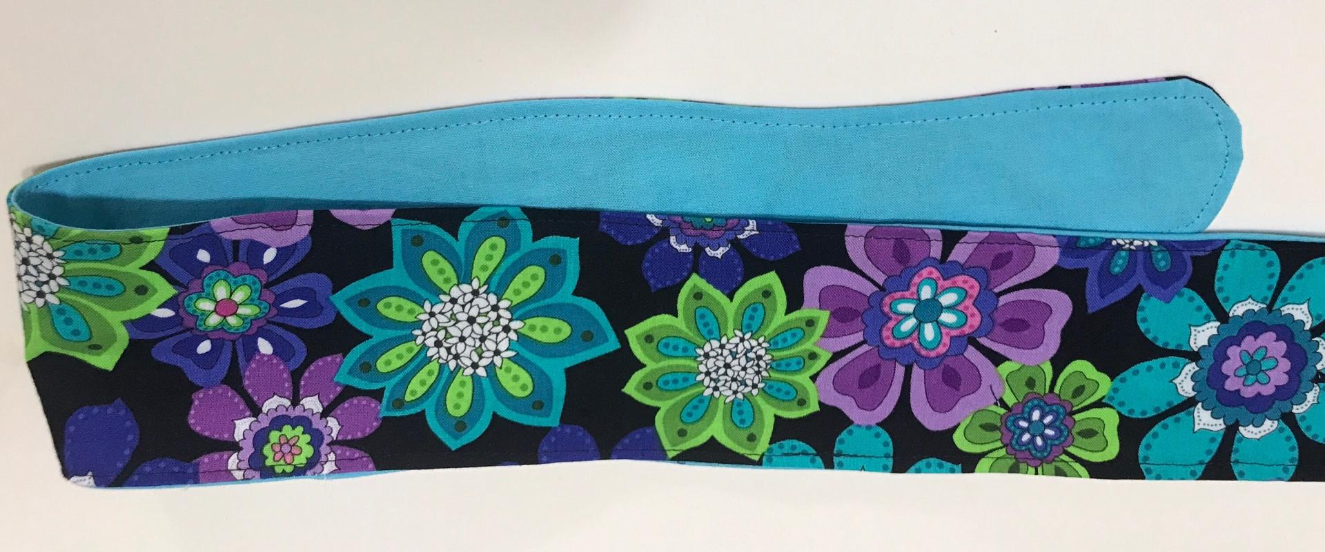 3” Wide Reversible Floral headband, hair wrap, pin up, hair tie, retro style, rockabilly, purple blue green black