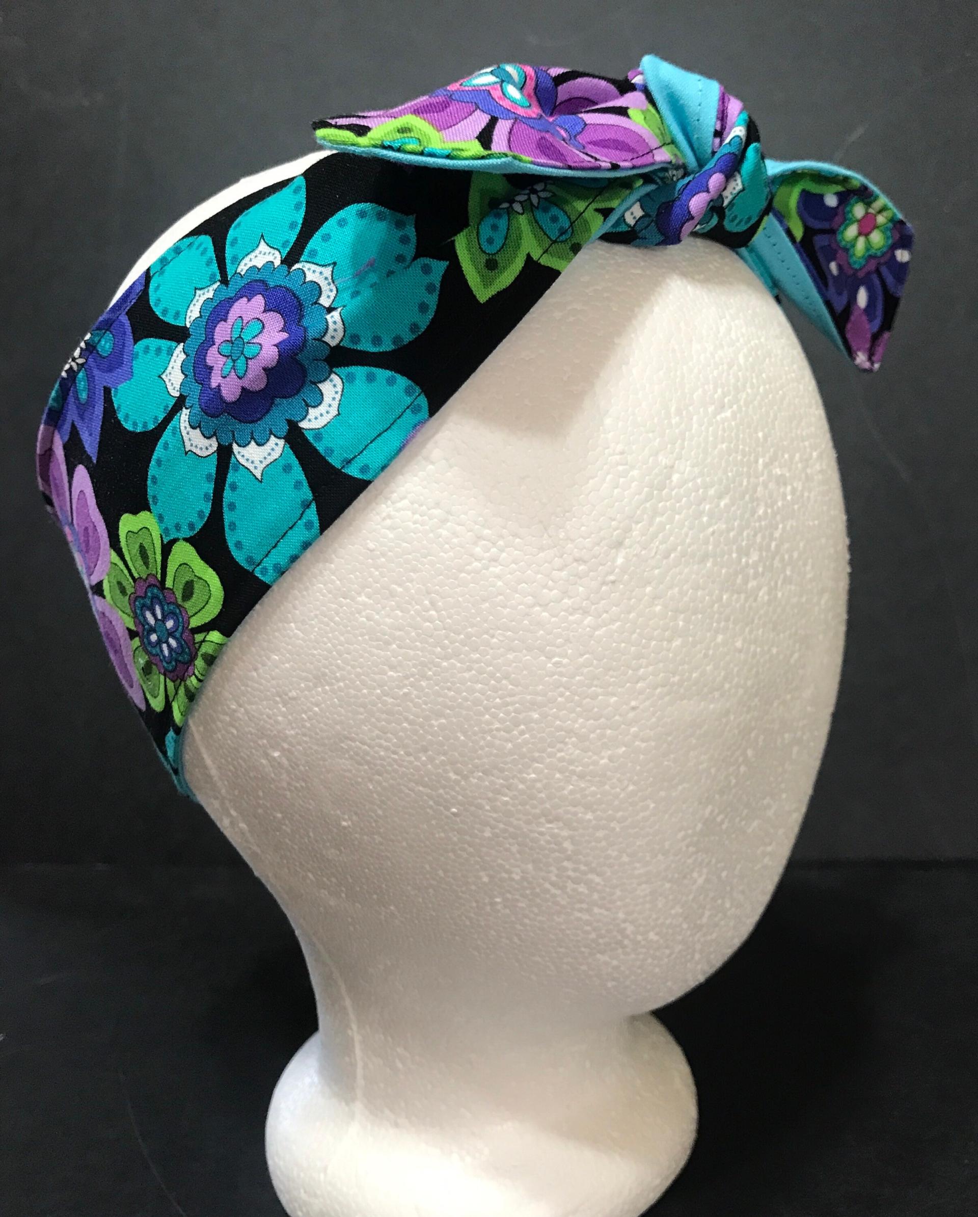 3” Wide Reversible Floral headband, hair wrap, pin up, hair tie, retro style, rockabilly, purple blue green black