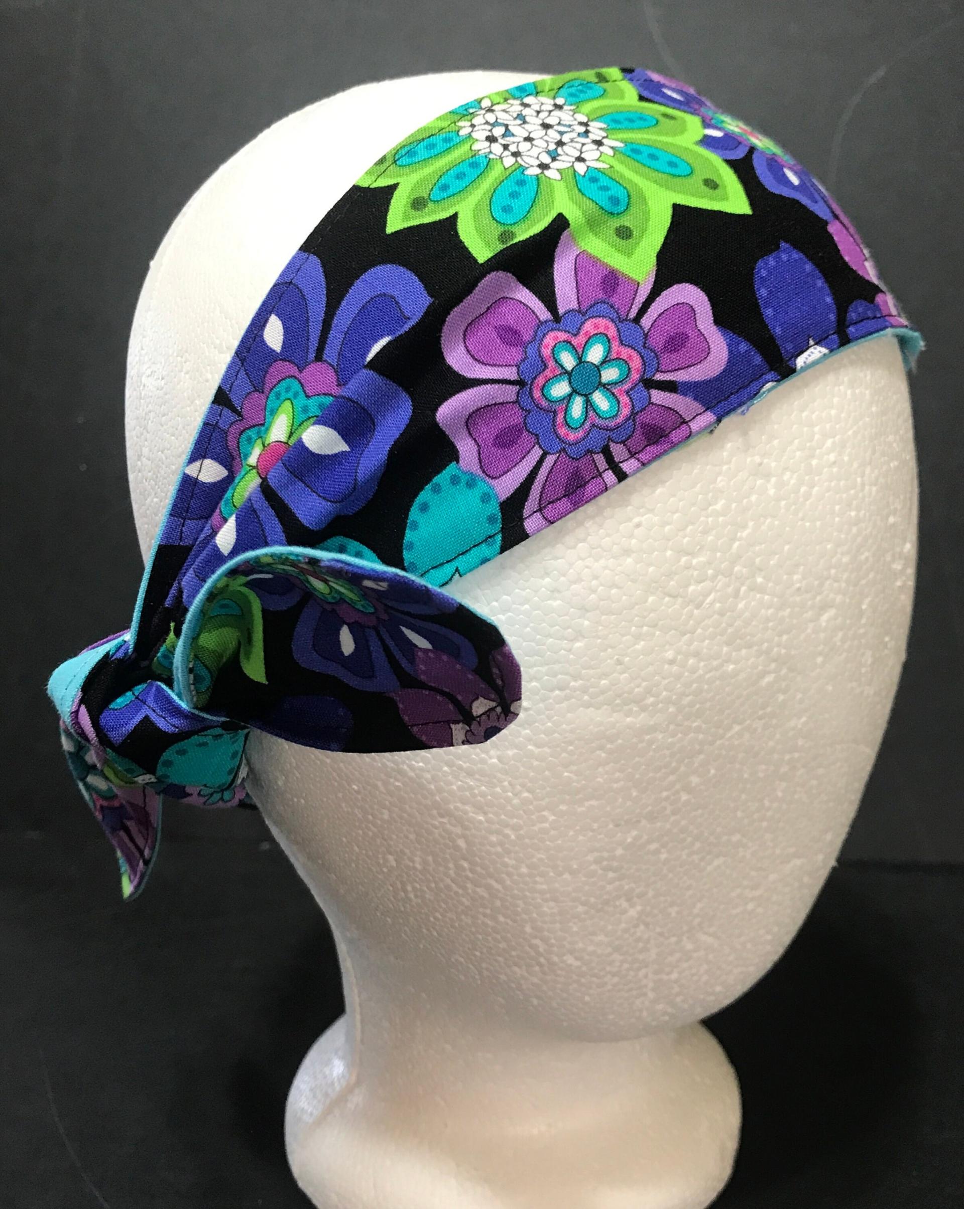 3” Wide Reversible Floral headband, hair wrap, pin up, hair tie, retro style, rockabilly, purple blue green black