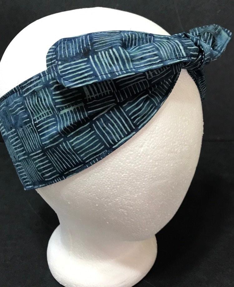 3” Wide Batik Dark Blue Headbands, hair wrap, pin up, hair tie, scarf, neckerchief, retro style, rockabilly