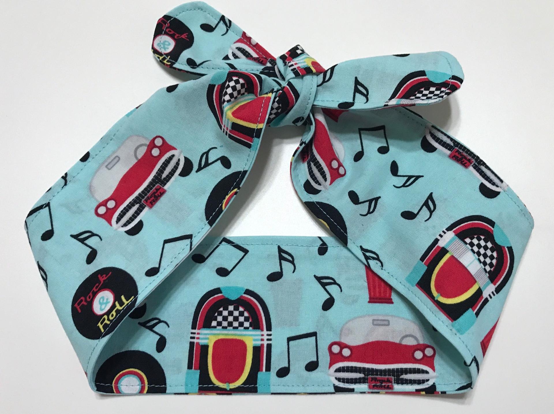 3” Wide Rockabilly headband, hair wrap, pin up, scarf, hair tie, neck, retro, diner music cars jukebox, red black white aqua