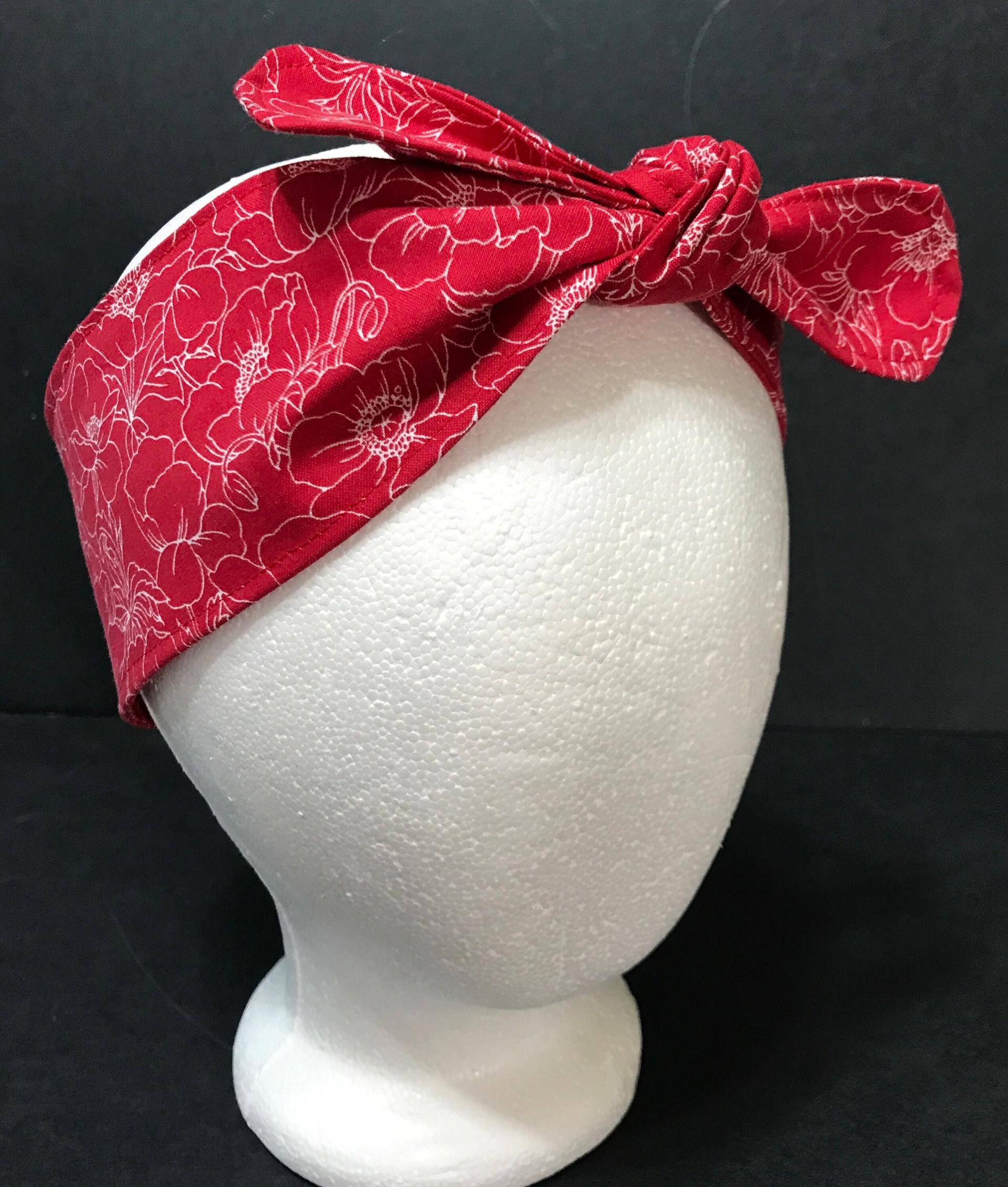 3” Wide Poppies Floral headband, self tie, hair wrap, pin up style, hair tie, retro style, rockabilly, head scarf